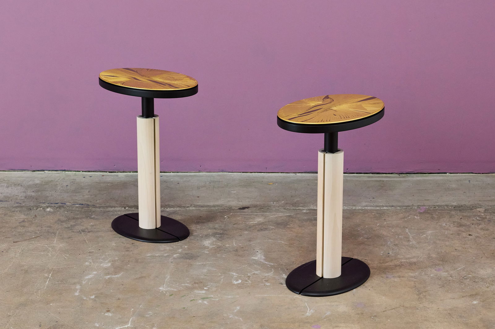 Christian Heckscher, 'Plumes' Side Tables (2): CHRISTIAN HECKSCHERPair of 'Plumes' side tables, 2022Etched brass, birch, powder-coated metal. Produced by Lift Design, USA.Signed and dated in the tabletop design. Each: 25.75&quo