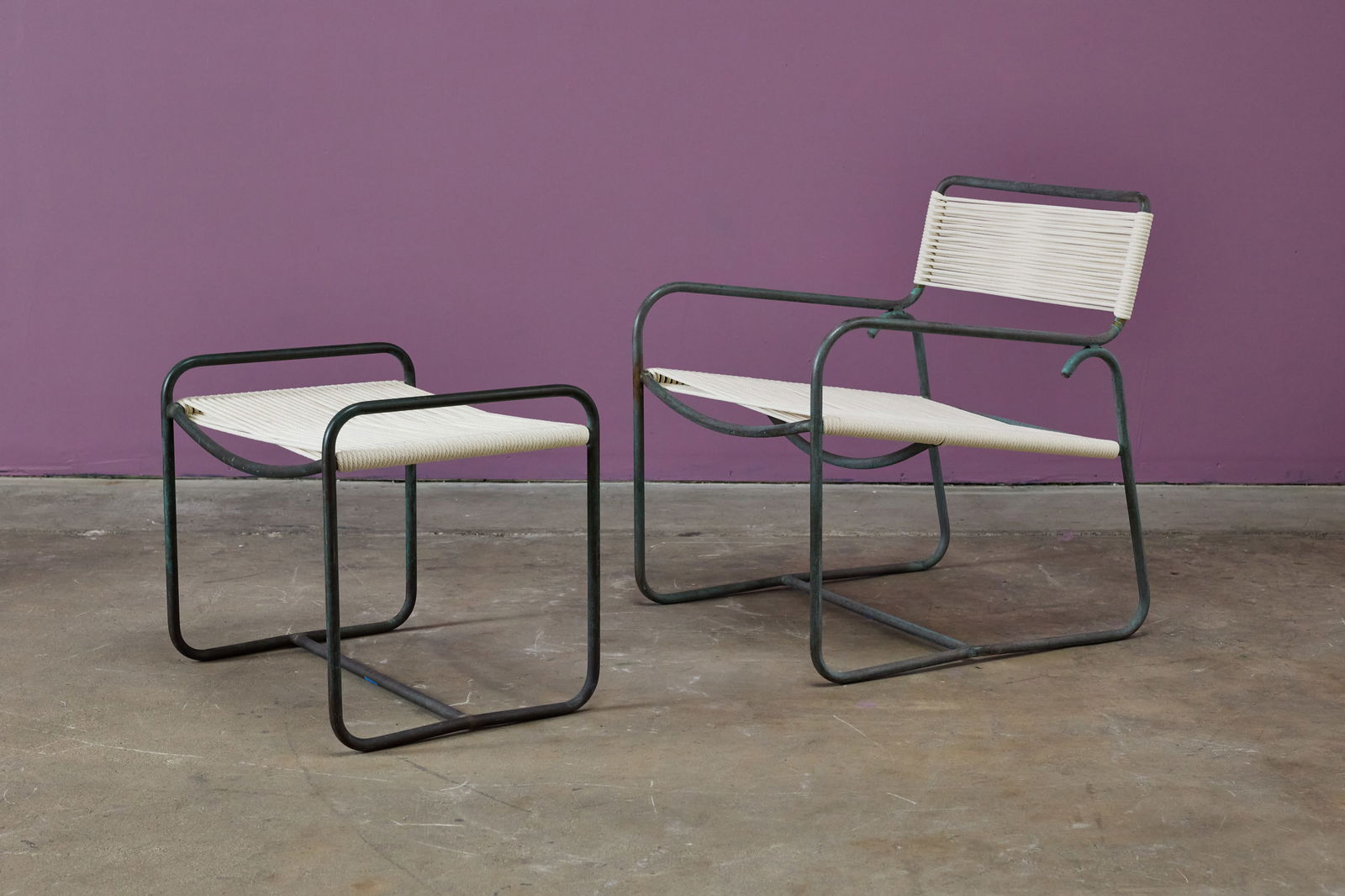 Walter Lamb, Lounge Chair + Ottoman (2): WALTER LAMBLounge chair and ottoman, model no. C-5700, ca. 1960Bronze tubing, cotton rope. Manufactured by Brown Jordan, USA.Chair with manufacturer's label. Chair: 30.5" H x 23.5