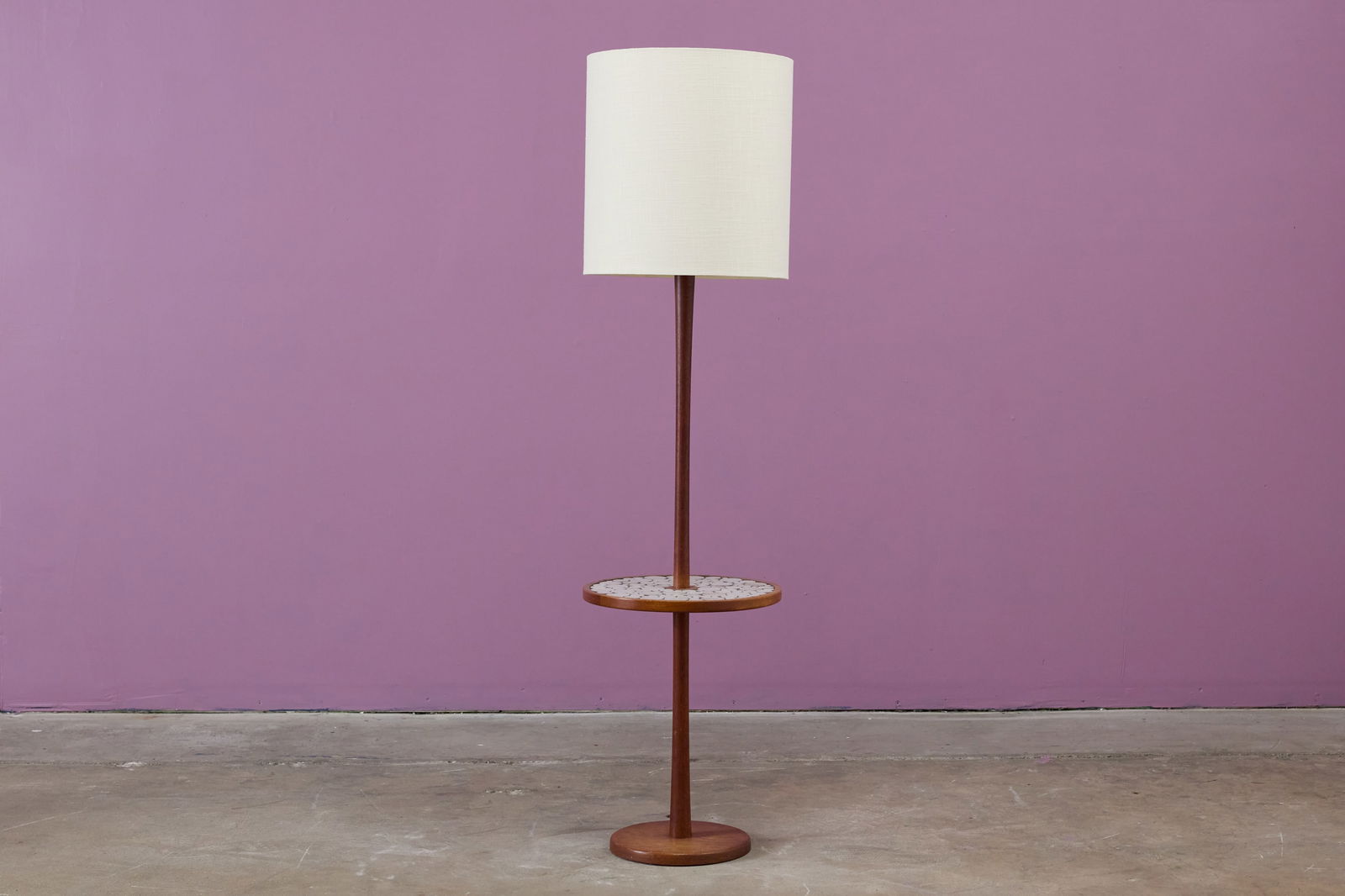 Gordon + Jane Martz, Floor Lamp: GORDON + JANE MARTZFloor lamp with integrated table, ca. 1965Walnut, oak, glazed stoneware. Produced by Marshall Studios, USA. 59.5" H x 15.5" Diameter, including shade
