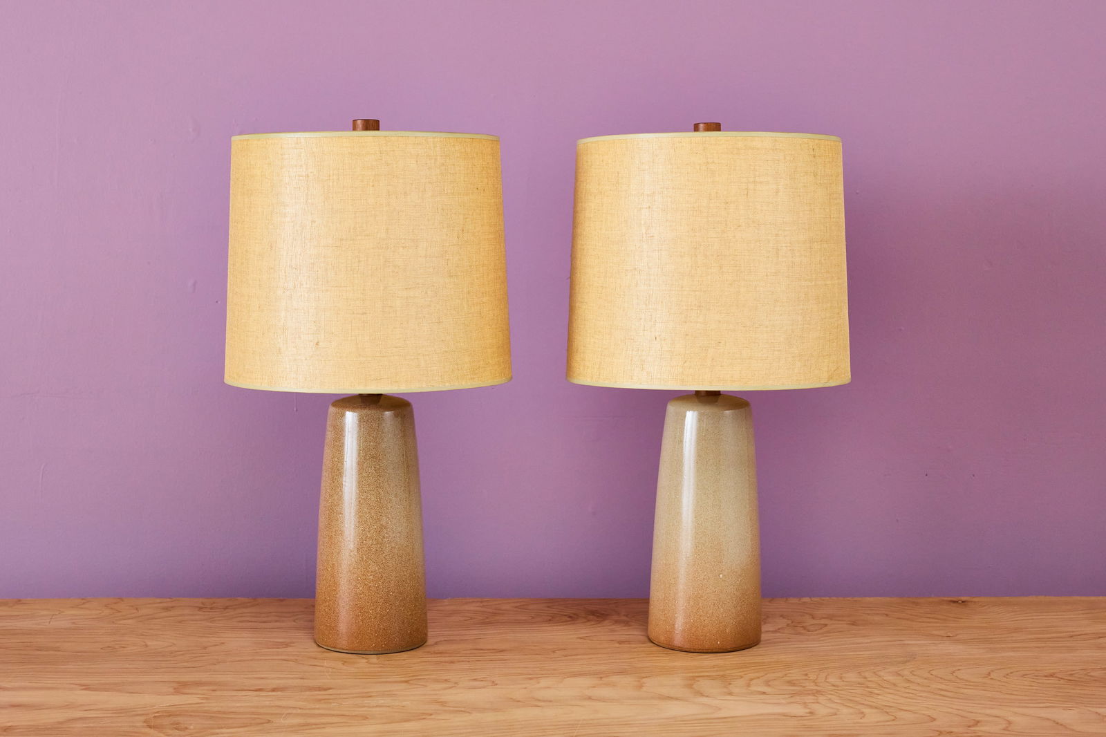 Gordon + Jane Martz, Table Lamps (2): GORDON + JANE MARTZPair of table lamps, 1960sGlazed ceramic, walnut, fabric. Manufactured by Marshall Studios, USA.Bases incised 'Martz'. Each: 23.25" H x 13" Diamet