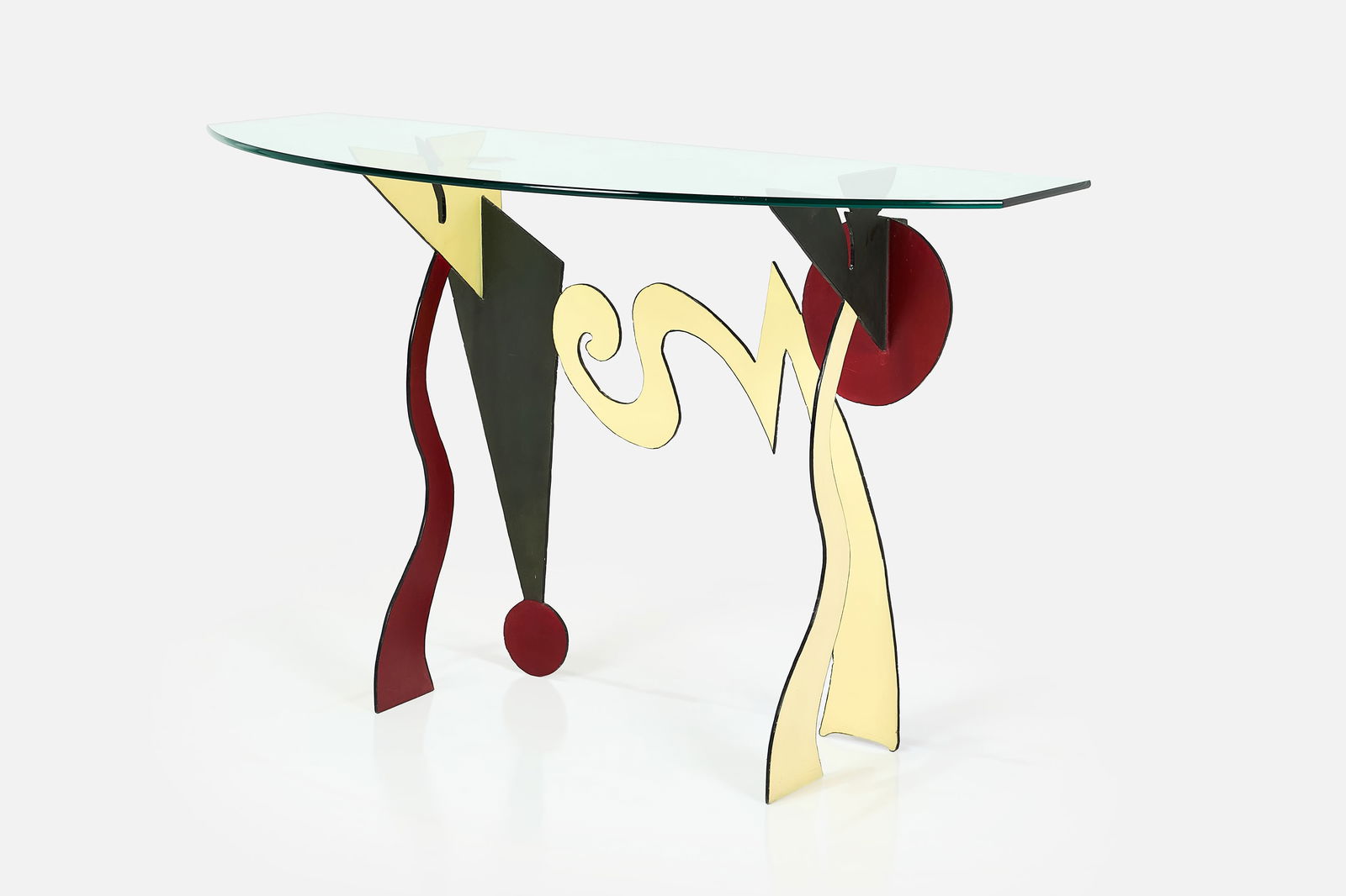 Pucci De Rossi, Console Table: PUCCI DE ROSSIConsole table, 1980sPainted steel, glass. Produced by H Dolan Stuart, Italy.36" H x 56" W x 24" D