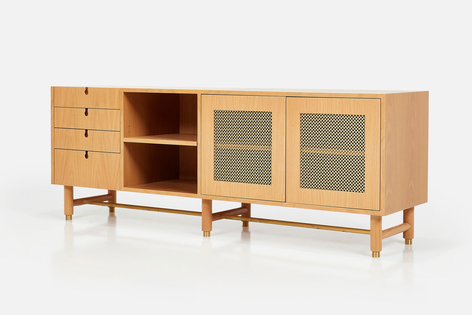 Lawson-Fenning, 'Niguel' Credenza: LAWSON-FENNING'Niguel' credenza, 2020sOak, brass, lacquered wood. Manufactured by Lawson-Fenning, USA.Underside with manufacturer's metal label. 26" H x 70" W x 18&q