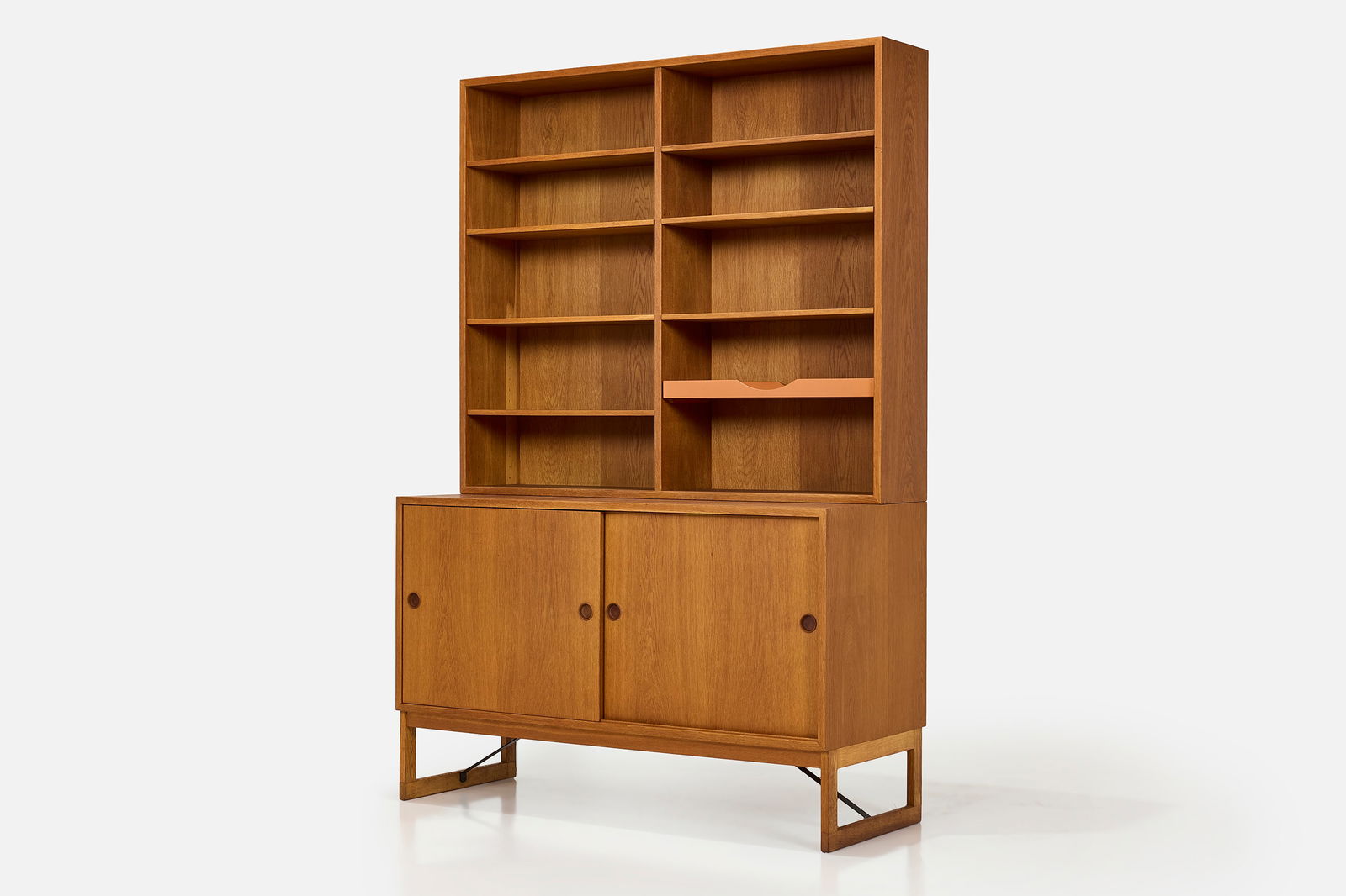 Borge Mogensen, Two-Part Credenza (2): BORGE MOGENSENTwo-part credenza, 1960sTeak, oak, lacquered wood. Manufactured by Karl Andersson, Sweden.Backs with stamped manufacturer's mark. Overall: 79.5" H x 53" W x 21.5&quo