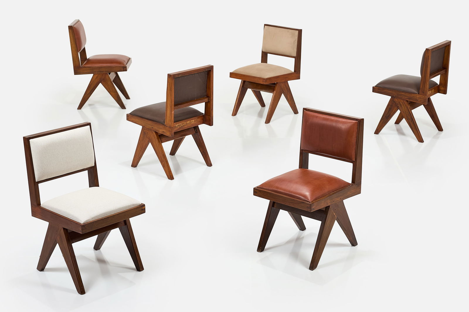 Pierre Jeanneret, Dining Chairs (6): PIERRE JEANNERETSet of six dining chairs, from Punjab University, Chandigarh, ca. 1958Teak, leather, fabric. Produced in India/France.Each with stencilled marks. Each: 32.5" H x