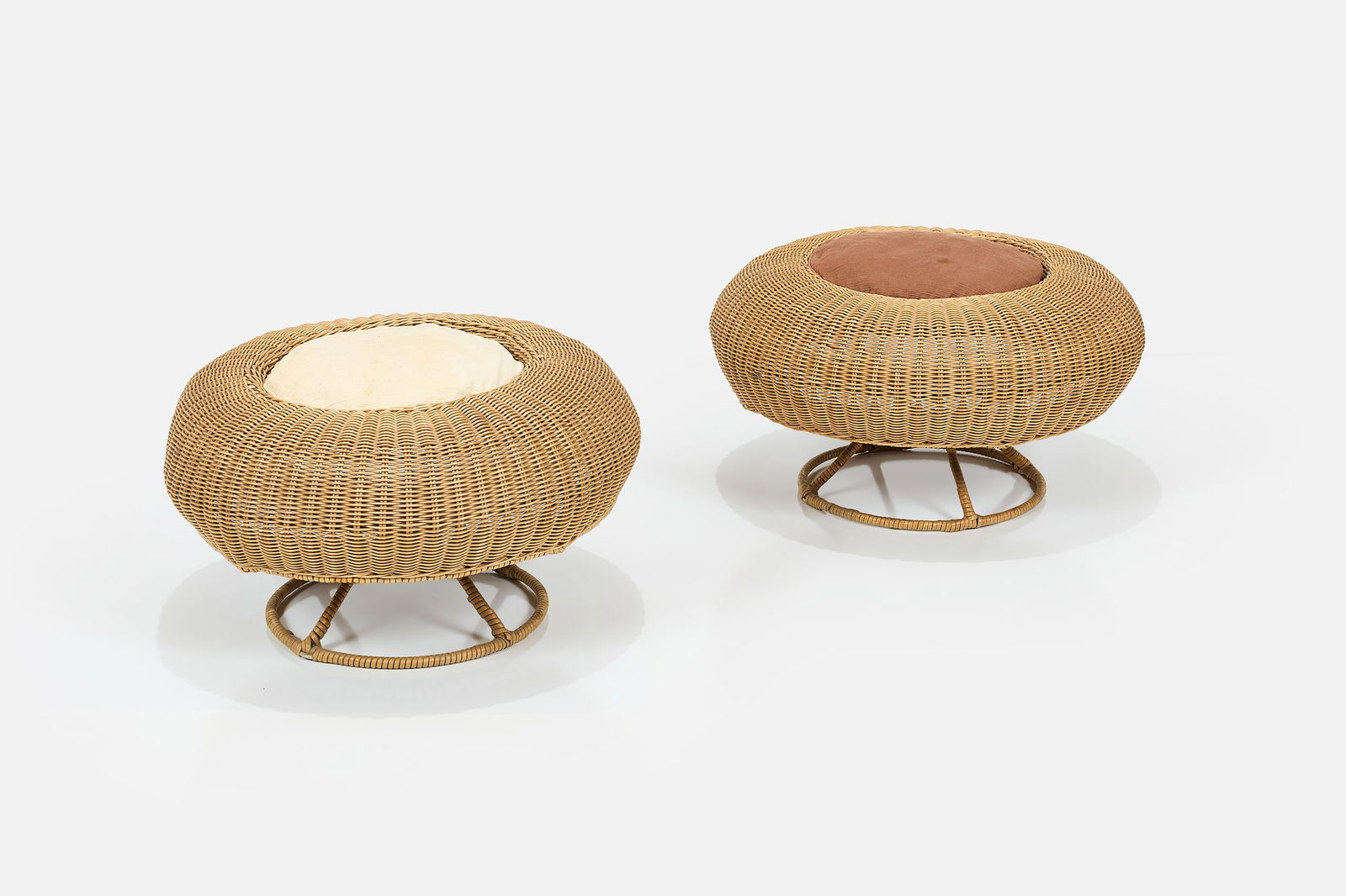 Isamu Kenmochi, Stools (2): ISAMU KENMOCHIPair of stools, 1970sWicker, fabric. Manufactured by Yamakawa Rattan, Japan. 11.75" H x 19.75" Diameter
