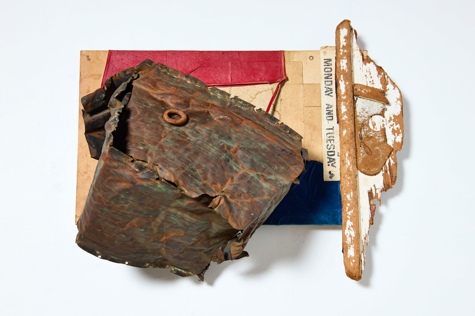 George Herms, 'Power Behind the Throwin' Wall Sculpture: GEORGE HERMS'Power Behind the Throwin', 1998Wood, fabric, metal, paper.Signed, titled, and dated verso. 32" H x 40" W x 14.5" D
