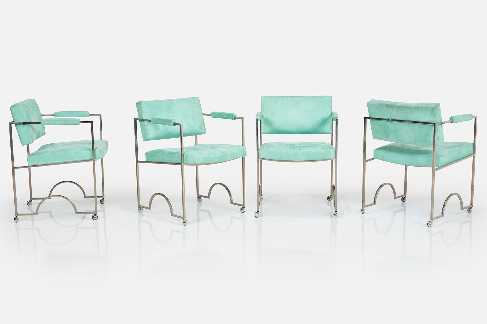 Charles Hollis Jones, 'Raiders' Chairs (4): CHARLES HOLLIS JONESSet of four 'Raiders' armchairs, 2020sChrome-plated steel, fabric. Manufactured by Charles Hollis Jones Studio, USA. Each: 29.25" H x 20.75" W x 21.75" DSeat height: 17.75" Arm hei