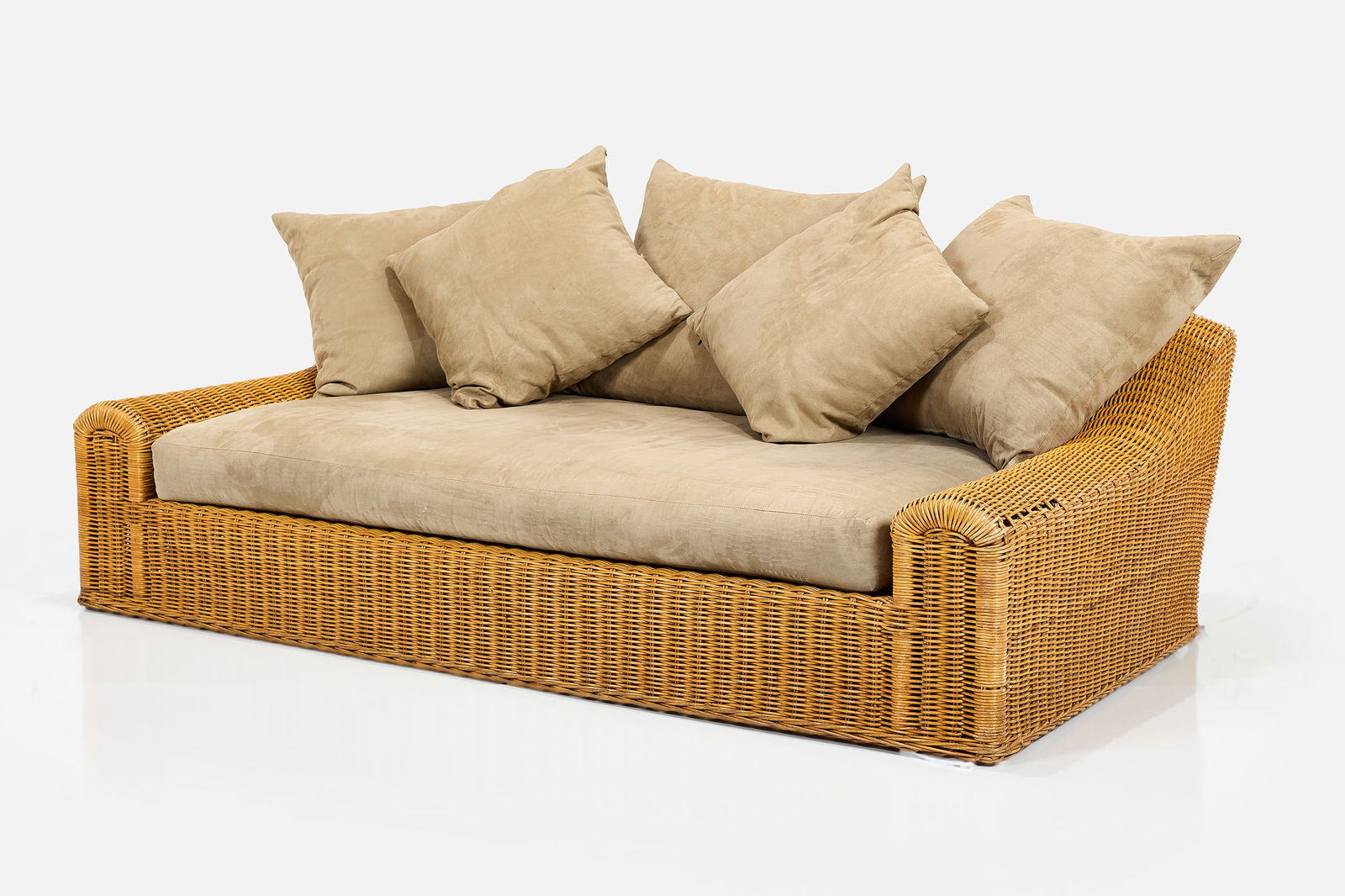 Michael Taylor, 'Jennifer' Sofa: MICHAEL TAYLOR'Jennifer' sofa, ca. 1985Wicker, fabric. Manufactured by Michael Taylor Designs, USA. 27" H x 90" W x 48.5" WSeat height: 11"