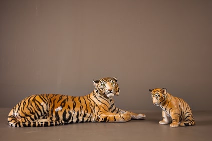 Italian, Bengal Tiger + Cub Sculptures (2)