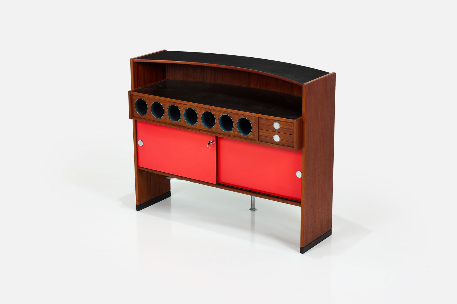 Erik Buch, Dry Bar: ERIK BUCHDry bar, 1960sTeak, laminate, chrome-plated metal. Manufactured by Heltborg Mobler, Denmark. 41" H x 51" W x 20" D