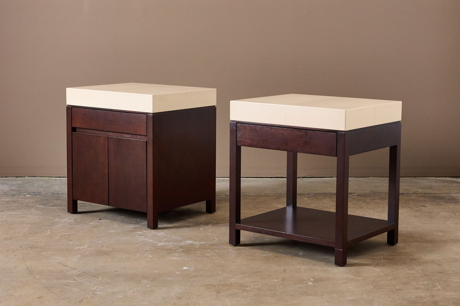 Christian Liaigre, Nightstands (2): CHRISTIAN LIAIGRETwo coordinating nightstands, 2000sMahogany, lacquered fabric. Manufactured by Christian Liaigre for Holly Hunt, USA.Interior of each drawer with metal label "CHRISTIAN LIAIGRE/A