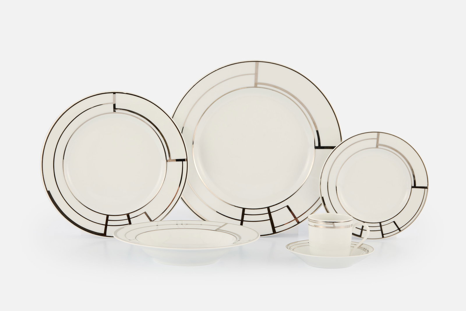Puiforcat, 'Art Deco' Dishware (36): PUIFORCAT Six-piece place setting for six 'Art Deco' dishware, ca. 2015 Hand-painted porcelain, silver. Manufactured by Puiforcat, France, based on a design by Martha Rahm. Undersides marked &