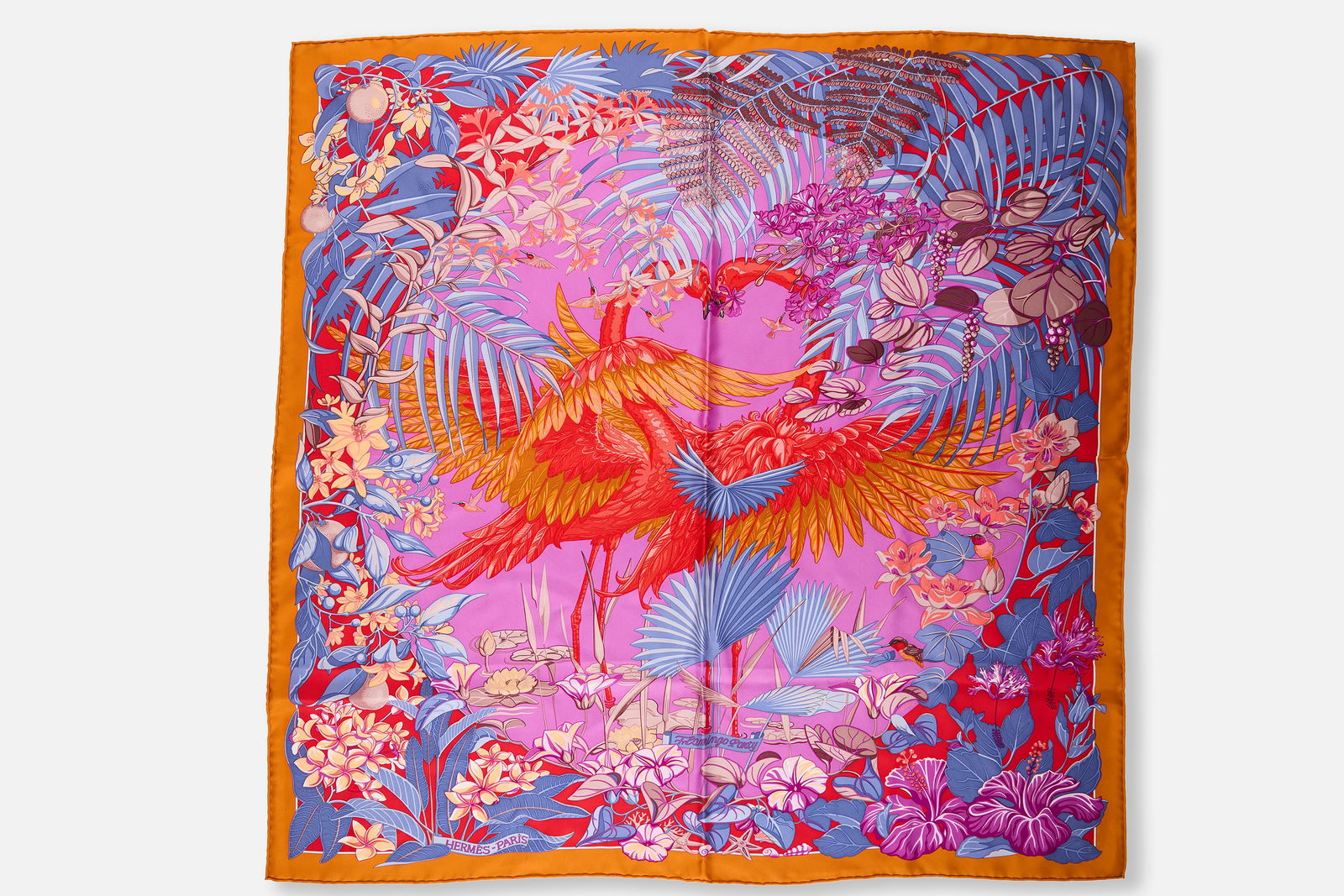 Hermes, 'Flamingo Party' Scarf: HERMES'Flamingo Party' scarf, 21st centurySilk. Produced by Hermes, France. Signed with fabric tag and within the design. 35" H x 35" W