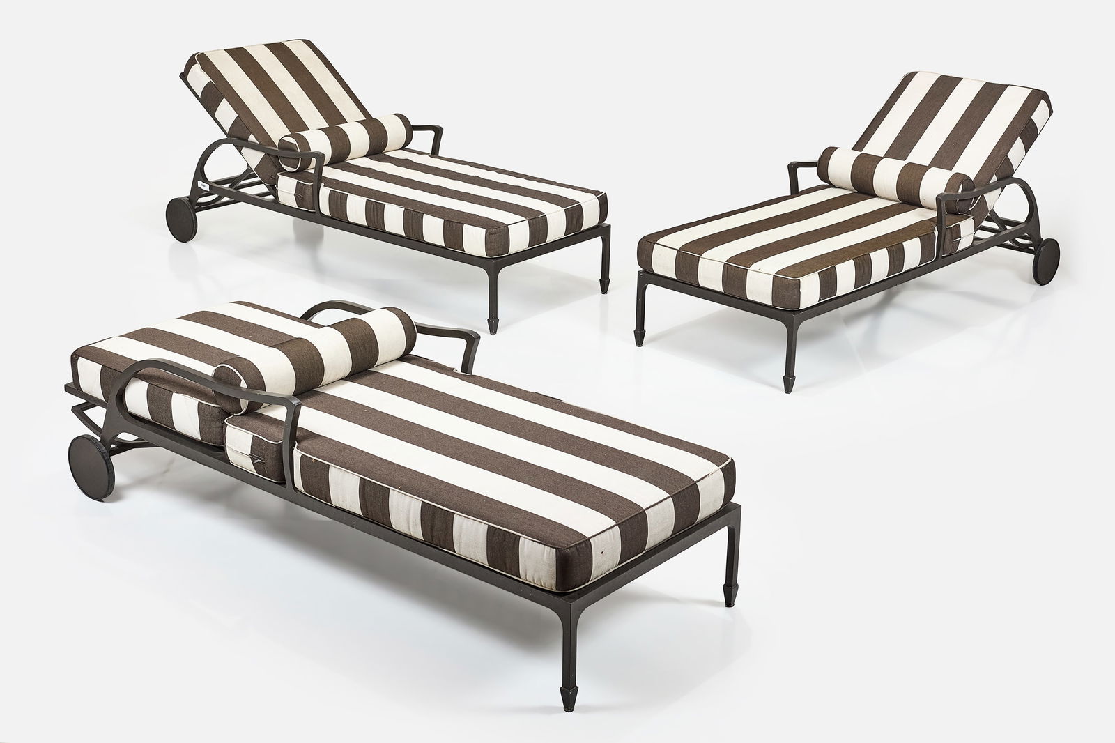 McKinnon + Harris, 'Beaufort' Sun Chaises (3): MCKINNON + HARRISSet of three 'Beaufort' sun chaises, 2020Powder-coated aluminum, fabric. Manufactured by McKinnon + Harris, USA.Each with manufacturer's label. Each: 23" H x 2