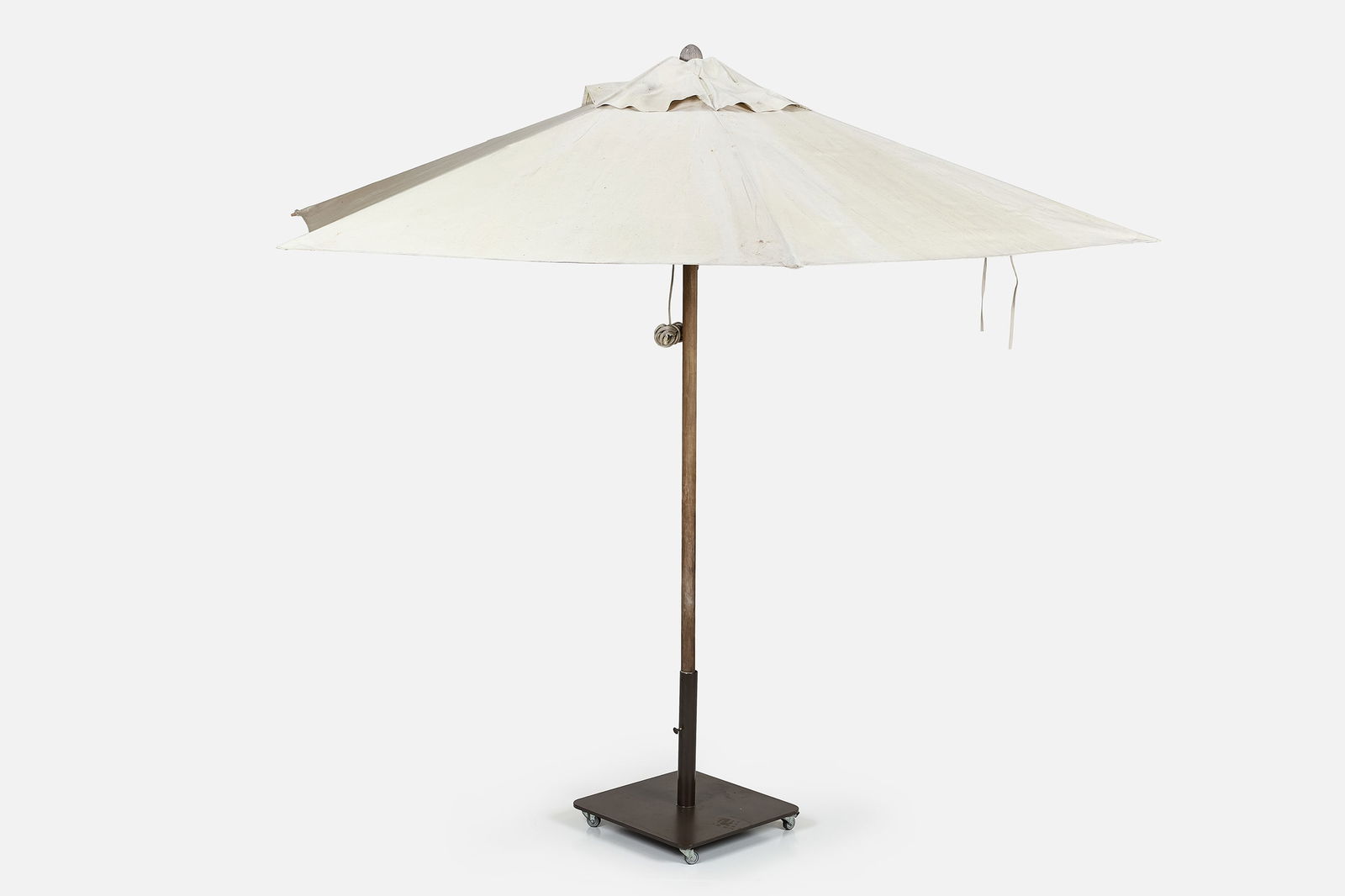 Santa Barbara Designs, 'Santa Barbara' Standing Umbrella: SANTA BARBARA DESIGNSStanding 'Santa Barbara' patio umbrella, 2020sCanvas, teak, steel. Manufactured by Santa Barbara Designs, USA. 9' H x 10' Diameter
