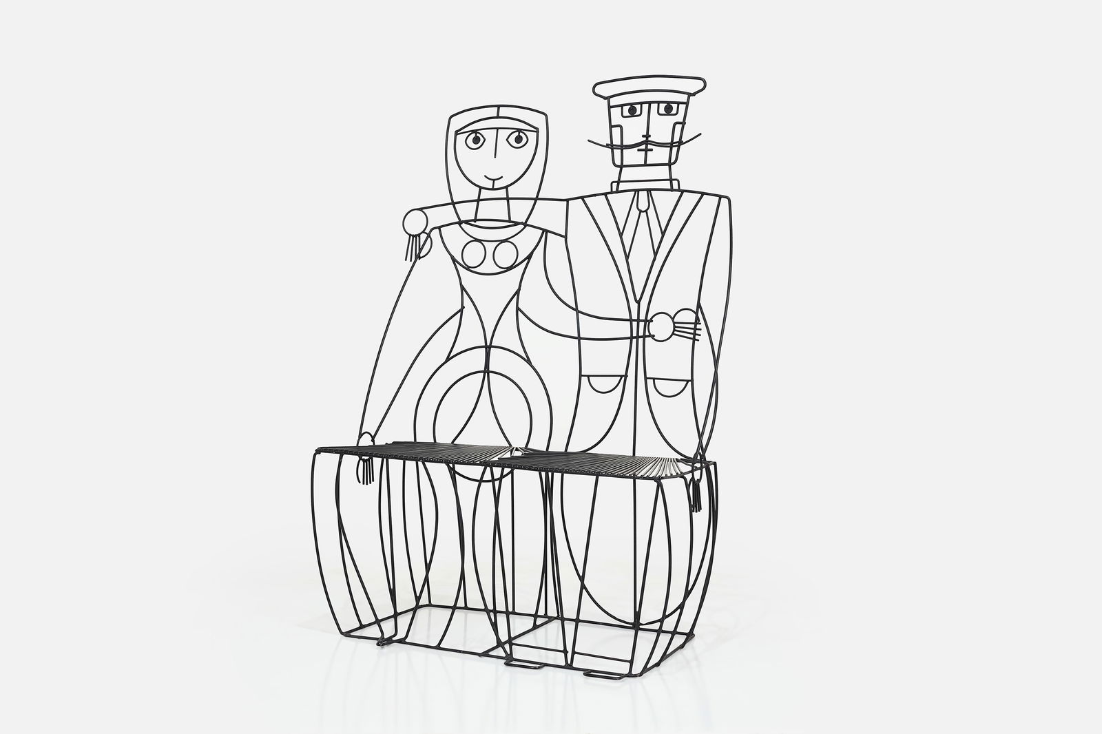 John Risley, Figural Garden Bench: JOHN RISLEYFigural garden bench, ca. 1965Painted iron. Made in the USA. 51" H x 35.25" W x 19" DSeat height: 17"