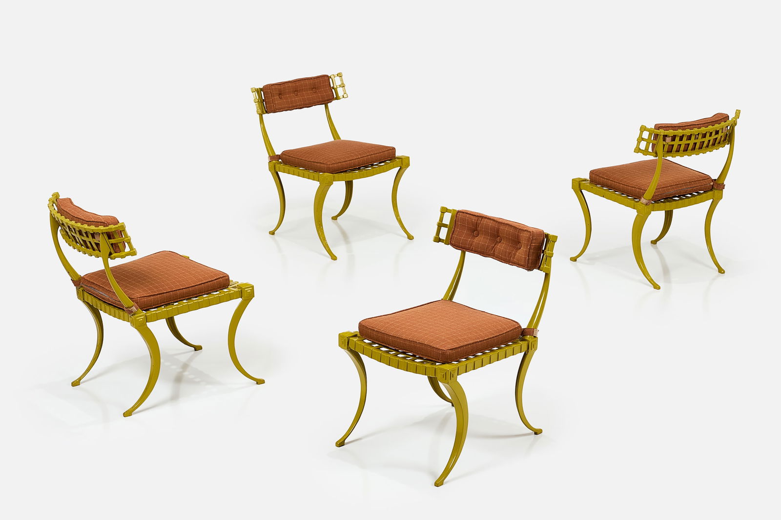 Thinline, 'Klismos' Chairs (4): THINLINESet of four 'Klismos' chairs, 1960sPainted aluminum, fabric. Manufactured by Thinline, USA. Each: 29" H x 20.5" W x 23" DSeat height: 17" 