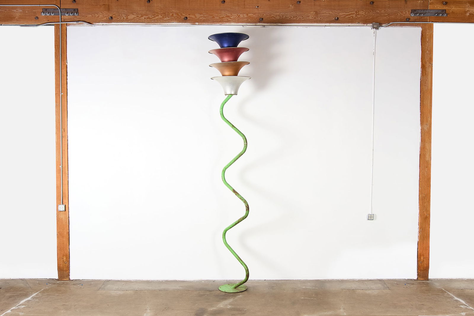 Peter Shire, Monumental Olympics Outdoor 'Torch' Lamp: PETER SHIREMonumental 'Olympic Torch' lamp, 1984Painted steel, anodized aluminum. Made in the USA.Designed for the 1984 Olympic village, Los Angeles, CA. 13' H x 21" Diameter