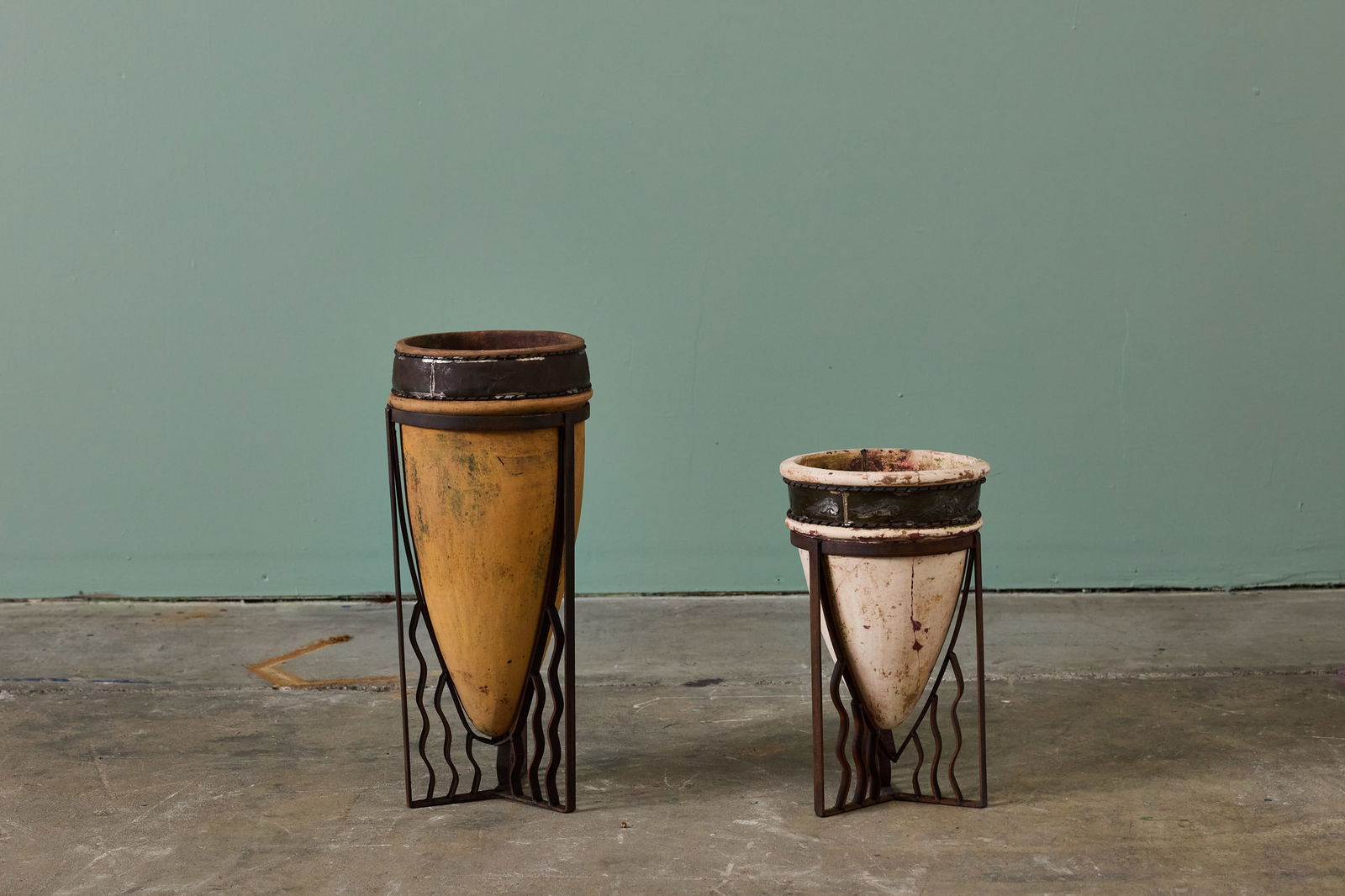 Art Deco Style, Mounted Planters (2): ART DECO STYLEPair of mounted planters, 1980sMetal, ceramic, metal. Large: 19" H x 8" DiameterSmall: 12" H x 8" Diameter