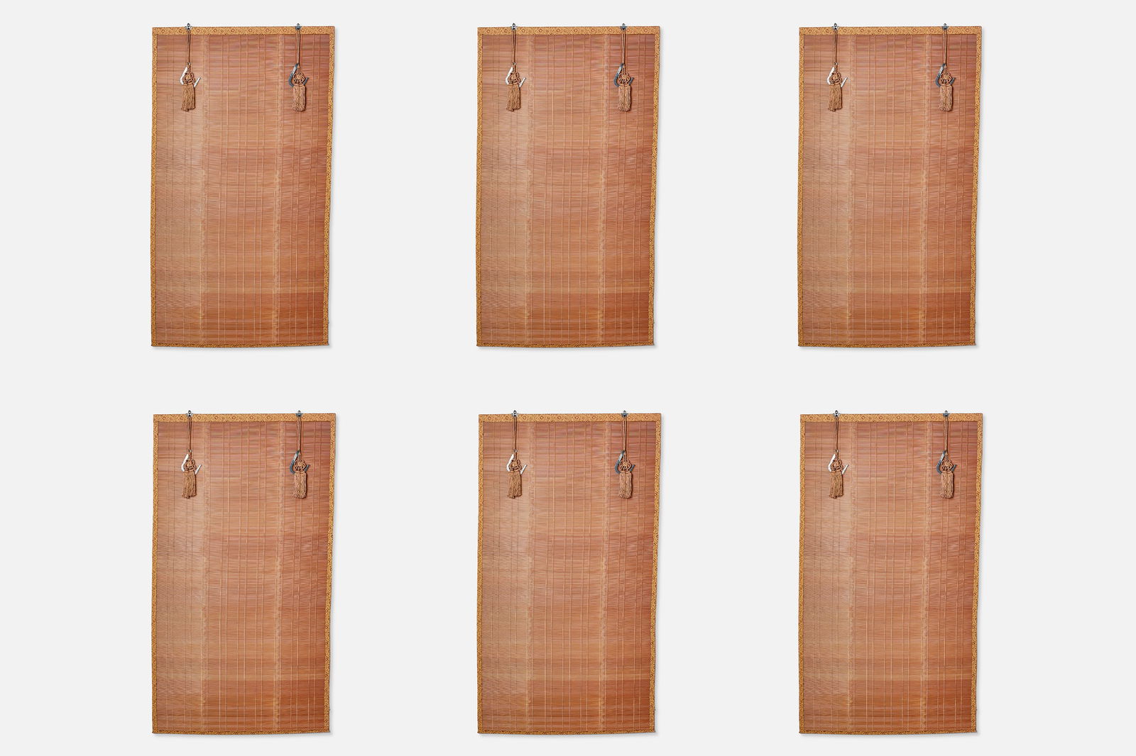Japanese, Sudare Blinds (6): JAPANESESet of six sudare blinds, early 20th centuryBamboo, fabric, metal. Each: 78" H x 38" W