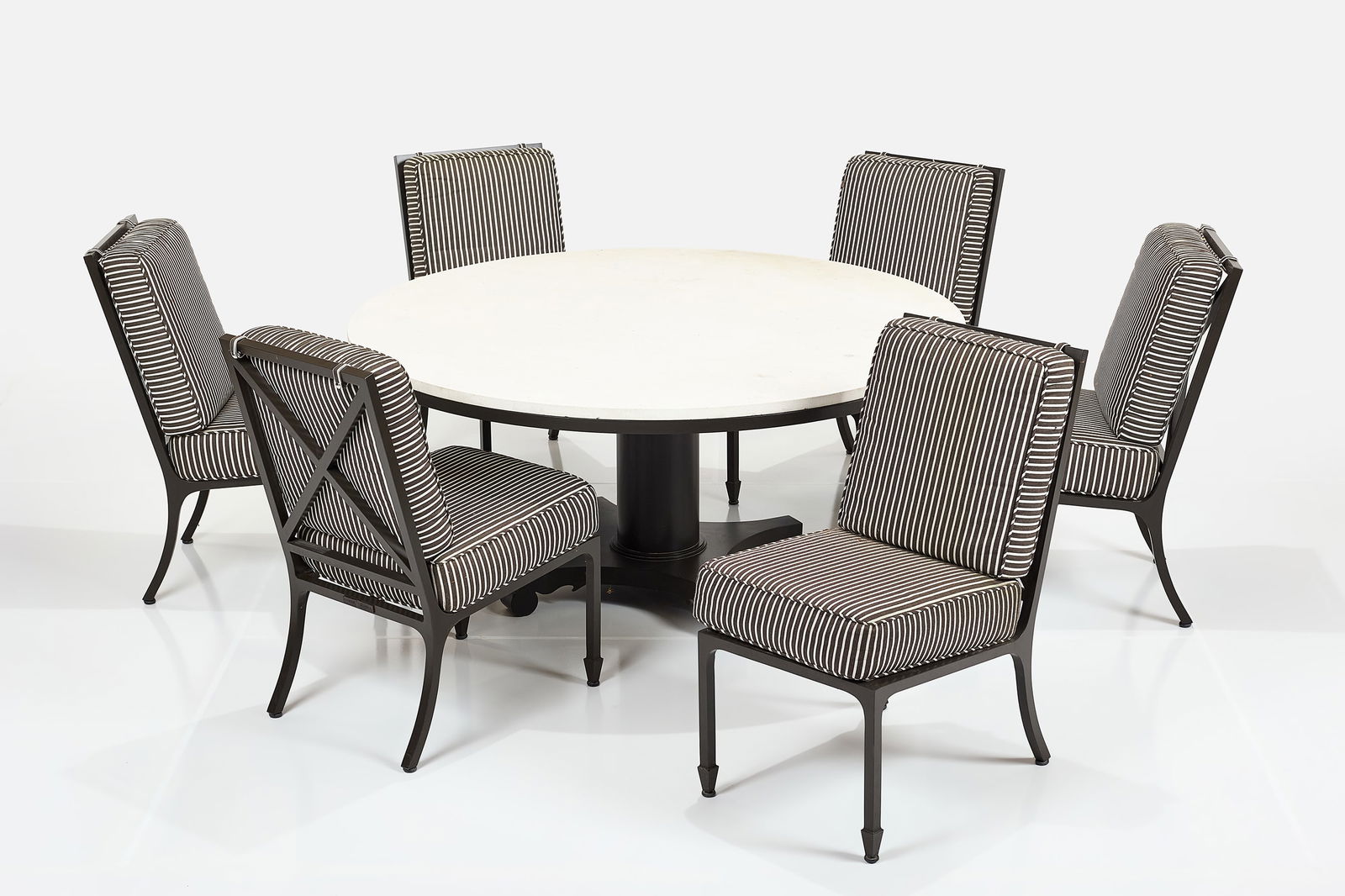 McKinnon + Harris, Dining Set (7): MCKINNON + HARRIS Seven-piece dining set, 2020s Powder-coated aluminum, limestone, fabric. Manufactured by McKinnon + Harris, USA. Each chair with manufacturer's label. Comprising one