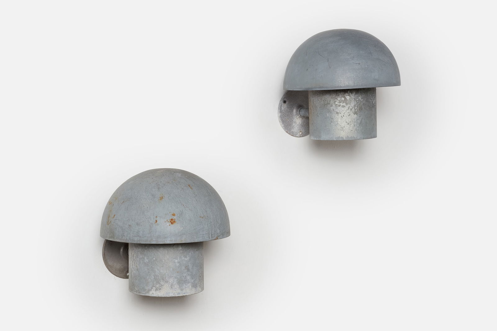 Bjarne Bech, Outdoor Sconces (2): BJARNE BECH Pair of outdoor sconces, ca. 1965 Galvanized steel, aluminum, rubber. Manufactured by Louis Poulsen, Denmark. Each: 13.5" H x 13.5" W x 16" D