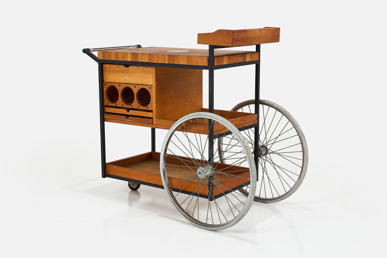 Arthur Umanoff, Bar Cart: ARTHUR UMANOFFBar cart, 1970Painted steel, oak, wheelchair wheels. Produced by David Morgan, USA 40" H x 39" W x 20" D.