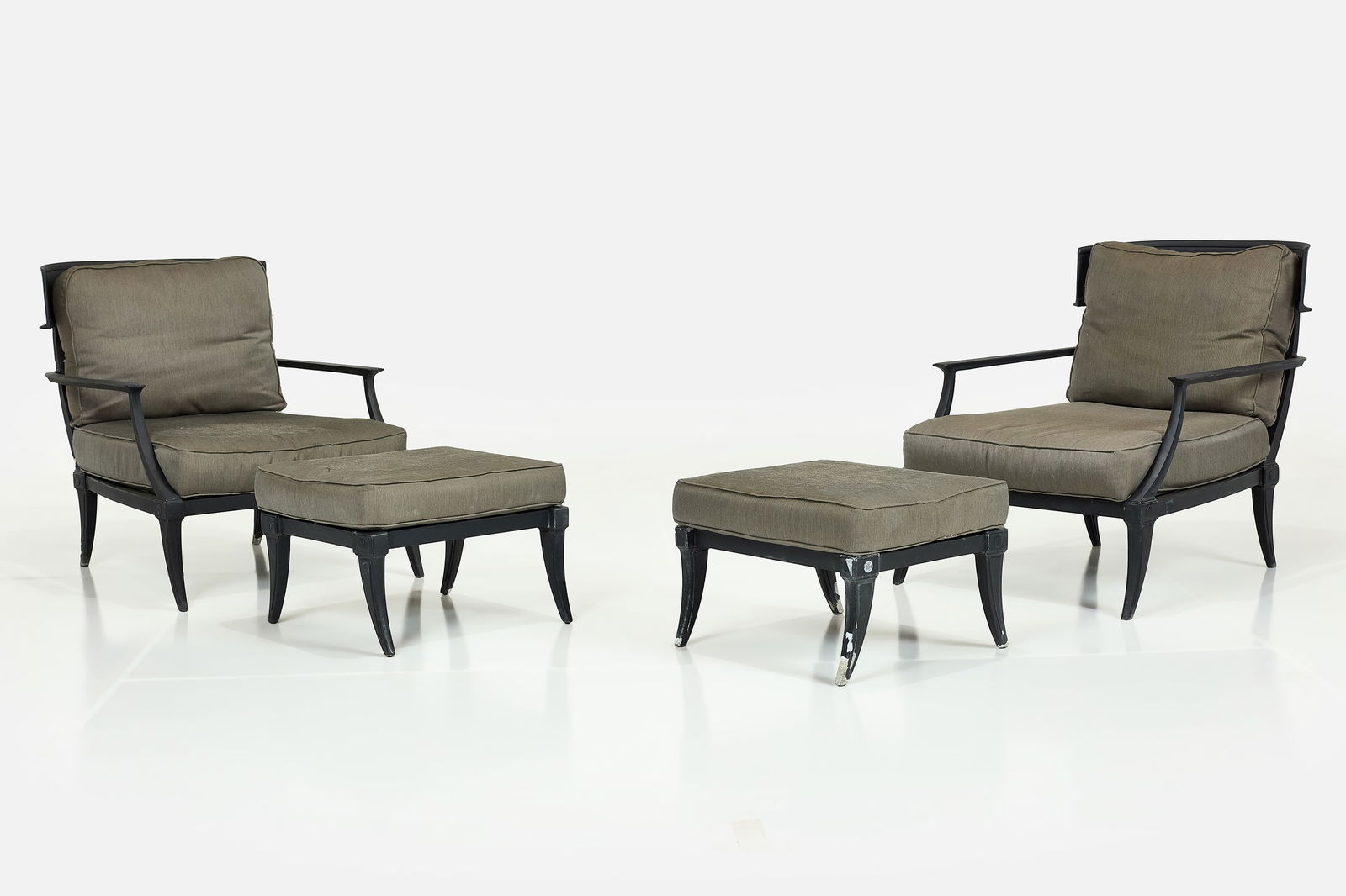 Restoration Hardware, 'Klismos' Lounge Chairs + Ottomans (4): RESTORATION HARDWAREPair of 'Klismos' lounge chairs and ottomans, 2000sPowder-coated aluminum, fabric. Manufactured by Restoration Hardware, USA. Each lounge chair: 32.5" H x 29.25
