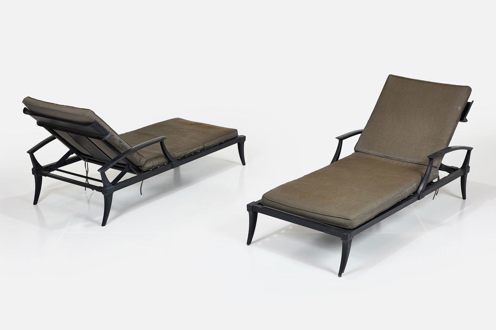Restoration Hardware, 'Klismos' Chaise Lounges (2): RESTORATION HARDWAREPair of 'Klismos' chaise lounges, 2000sPowder-coated aluminum, fabric. Manufactured by Restoration Hardware, USA. Each sun chaise: 36" W x 31" W x 75"