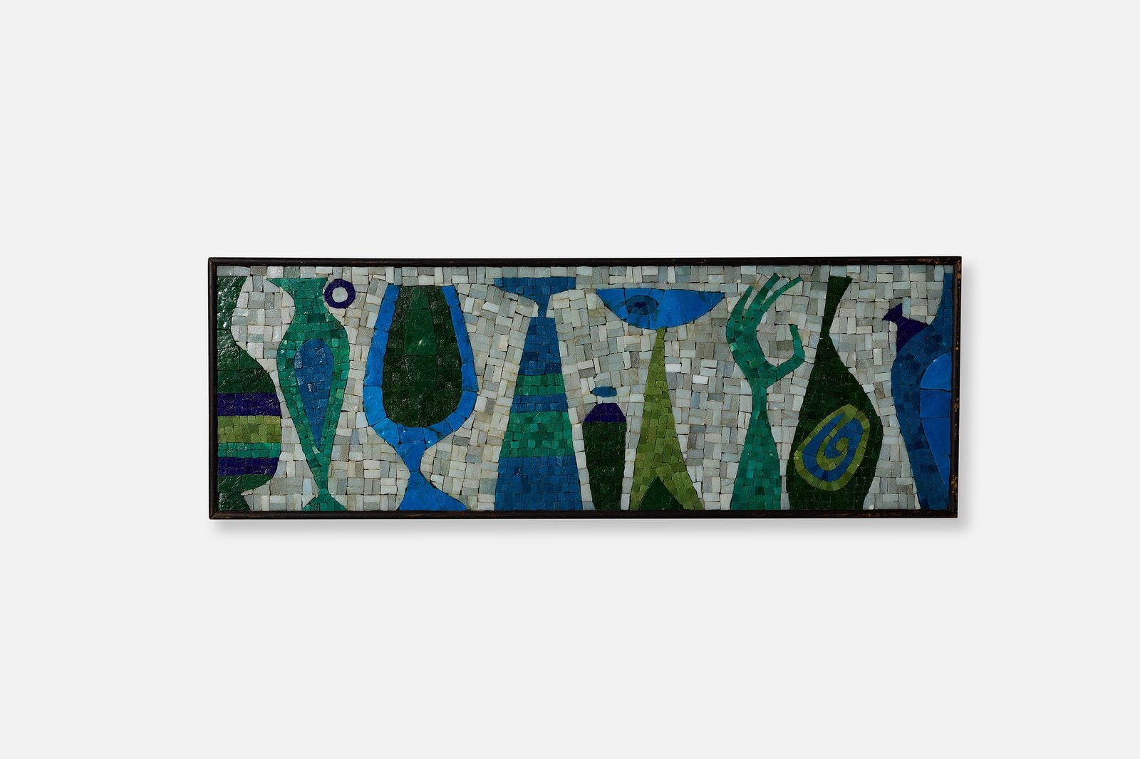 Evelyn Ackerman, Rare 'Bottles' Mosaic Panel: EVELYN ACKERMAN Rare 'Bottles' mosaic panel, ca. 1958 Glass tiles on Masonite, wood. Studio-made for ERA Industries, USA. 12.75" H x 36.25" W x 1" D