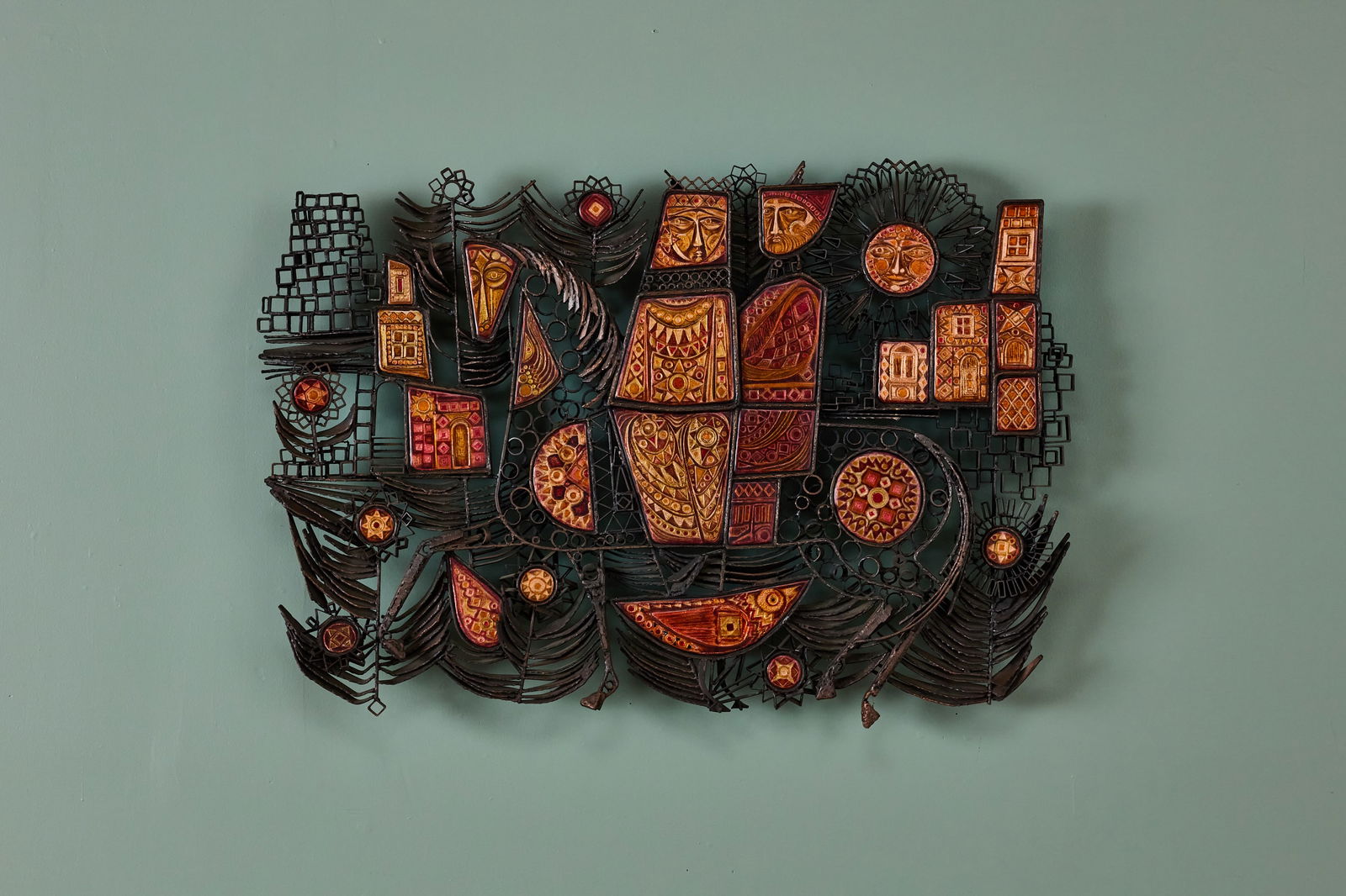 Virgilio Bari, Wall Sculpture: VIRGILIO BARI Wall sculpture, ca. 1968 Iron, enamel. Produced by Del Campo, Italy. 34" H x 48" W x 3" D