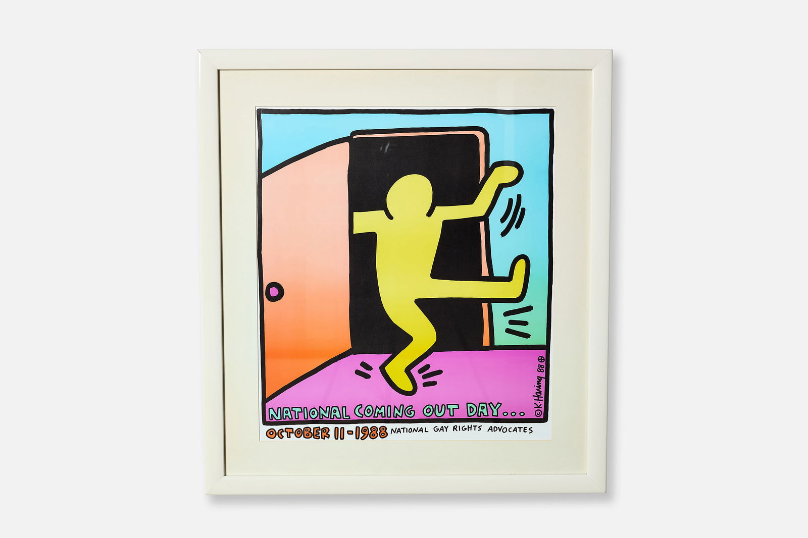 Keith Haring, 'Coming Out Day' Poster: KEITH HARING 'Coming Out Day' poster, 1988 Offset lithograph poster. Overall, framed: 34" H x 31" W Sight size: 25.5" H x 22.5" W
