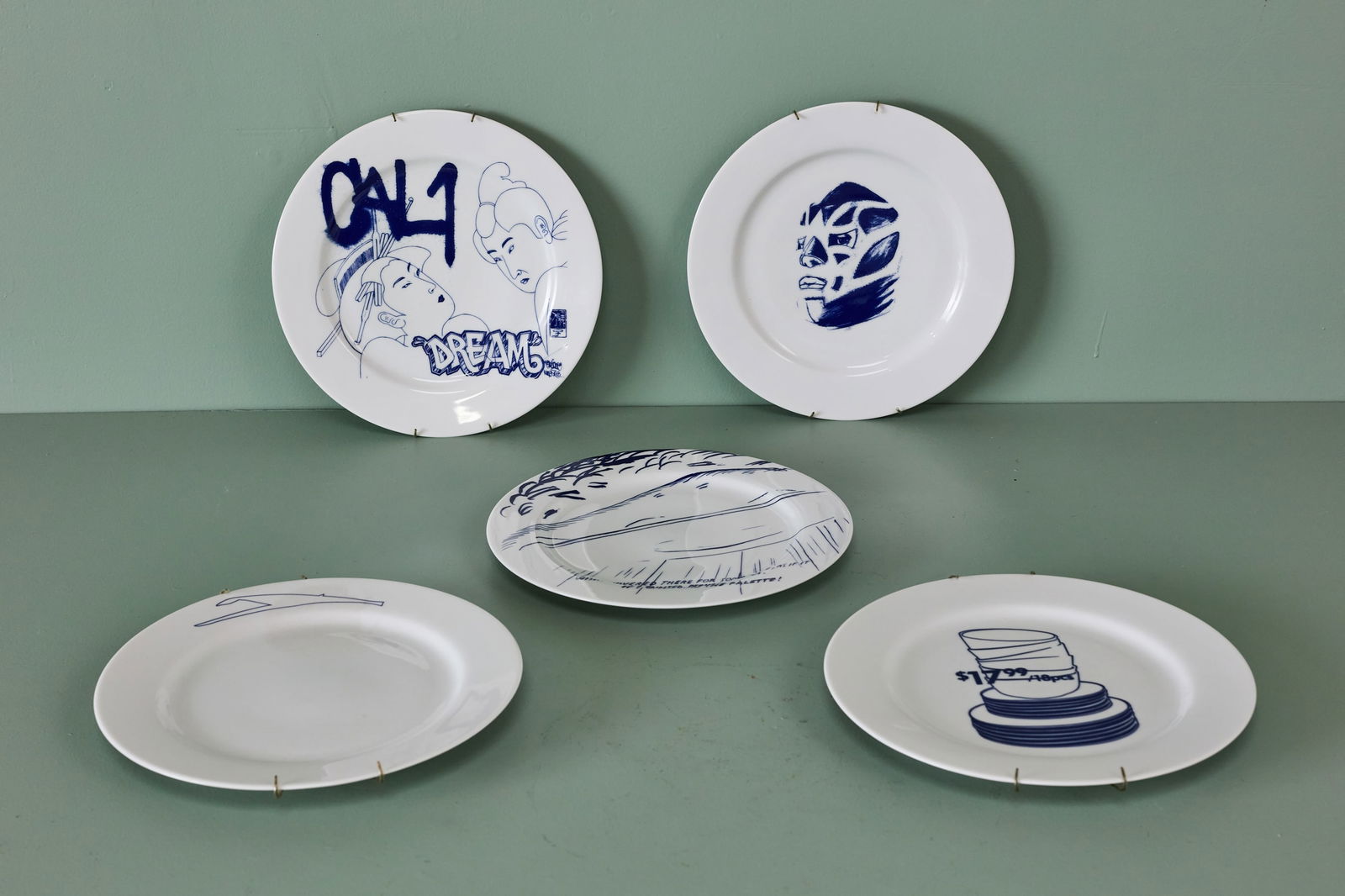 Various Artists, Santa Monica Museum of Art 20th Anniversary Plate Set (5): VARIOUS ARTISTSSanta Monica Museum of Art 20th Anniversary plate set, 2008Silkscreen on porcelain.Artist proof from an edition of 125.Comprised of plates designed by Raymond Pettibone, Kota Ezawa, Sal