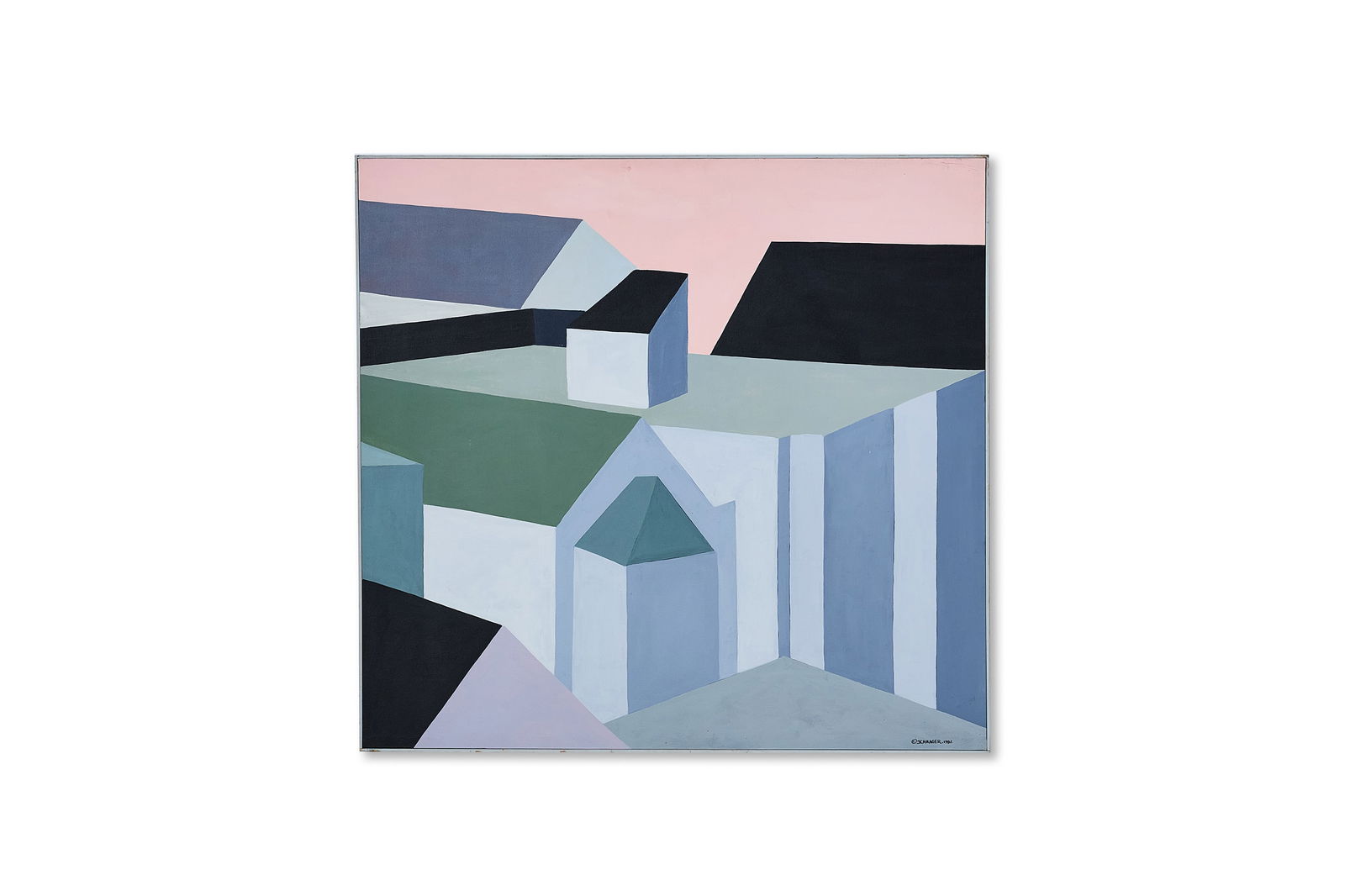 Nikki Schrager, Cityscape Painting: NIKKI SCHRAGER Cityscape painting, 1981 Acrylic on canvas. Signed and dated lower right. 42" H x 44.5" W