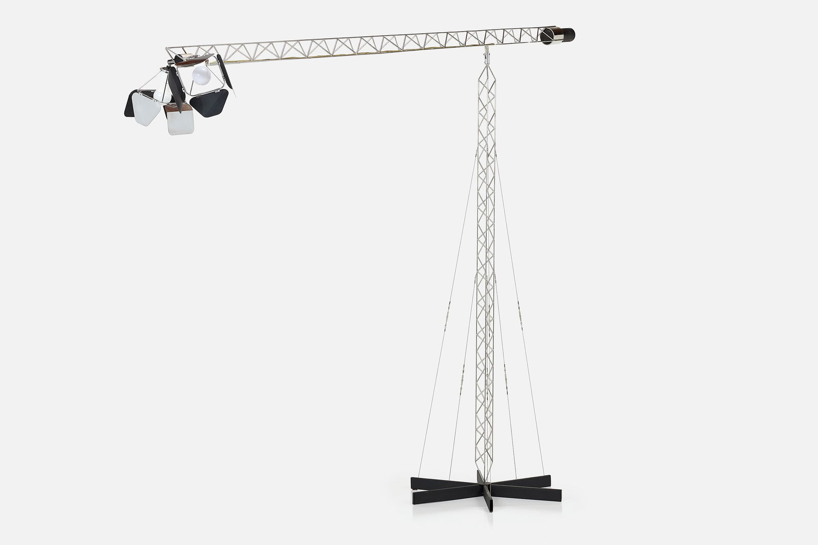 C. Jere, Monumental 'Crane' Floor Lamp: C. JERE Monumental 'Crane' floor lamp, ca. 1977 Chrome-plated steel, enameled steel, steel wire. Produced for Artisan House, USA. 79" H x 98" W x 28.5" D