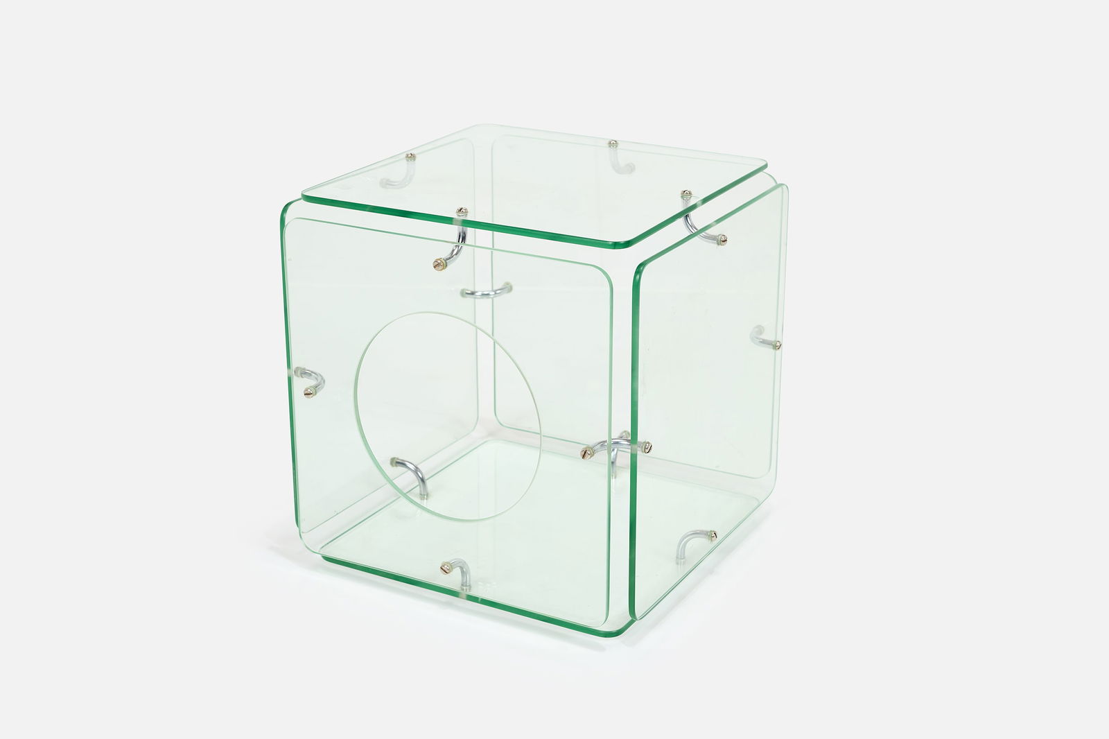 Gerald McCabe, Small 'Cube' Table: GERALD MCCABE Small 'Cube' table, designed 1964 Glass, chrome-plated metal. Manufactured by Eon Furniture, USA. 13.5" H x 13.25" W x 13.25" D