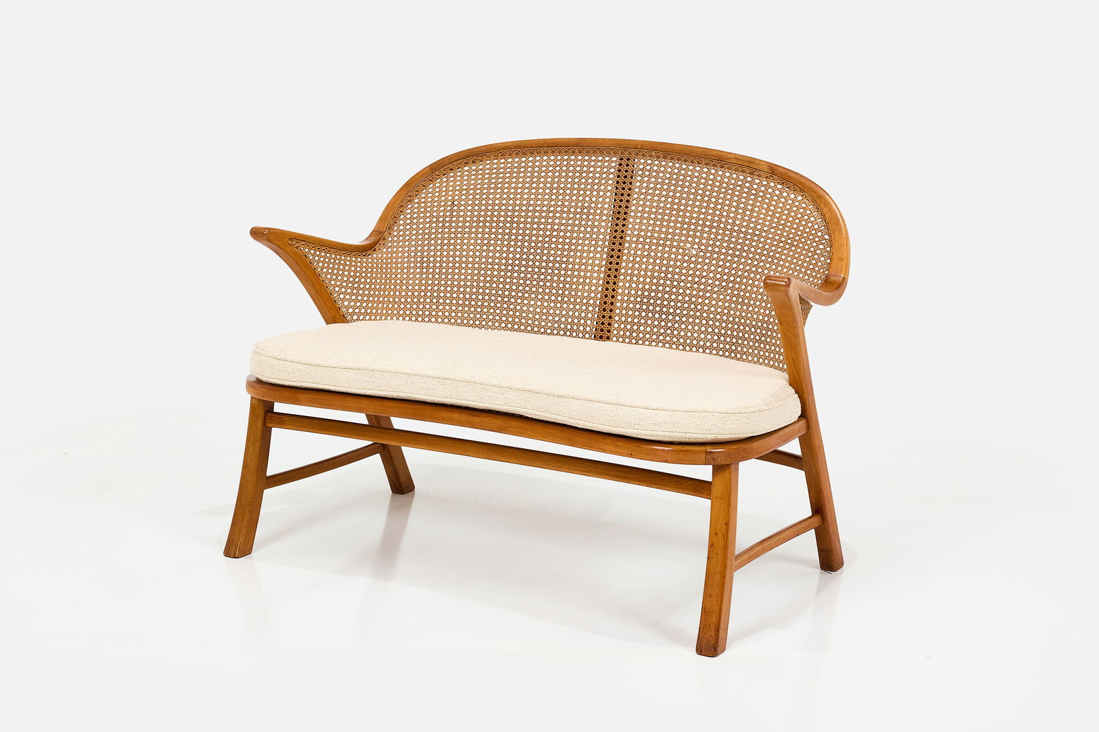 Frits Schlegel (Attrib.), Settee: FRITS SCHLEGEL (Attrib.) Settee, 1940s Cherry, Viennese wickerwork, fabric. Produced in Denmark. 30.5" H x 44" W x 24.75" D Seat height: 15.25"