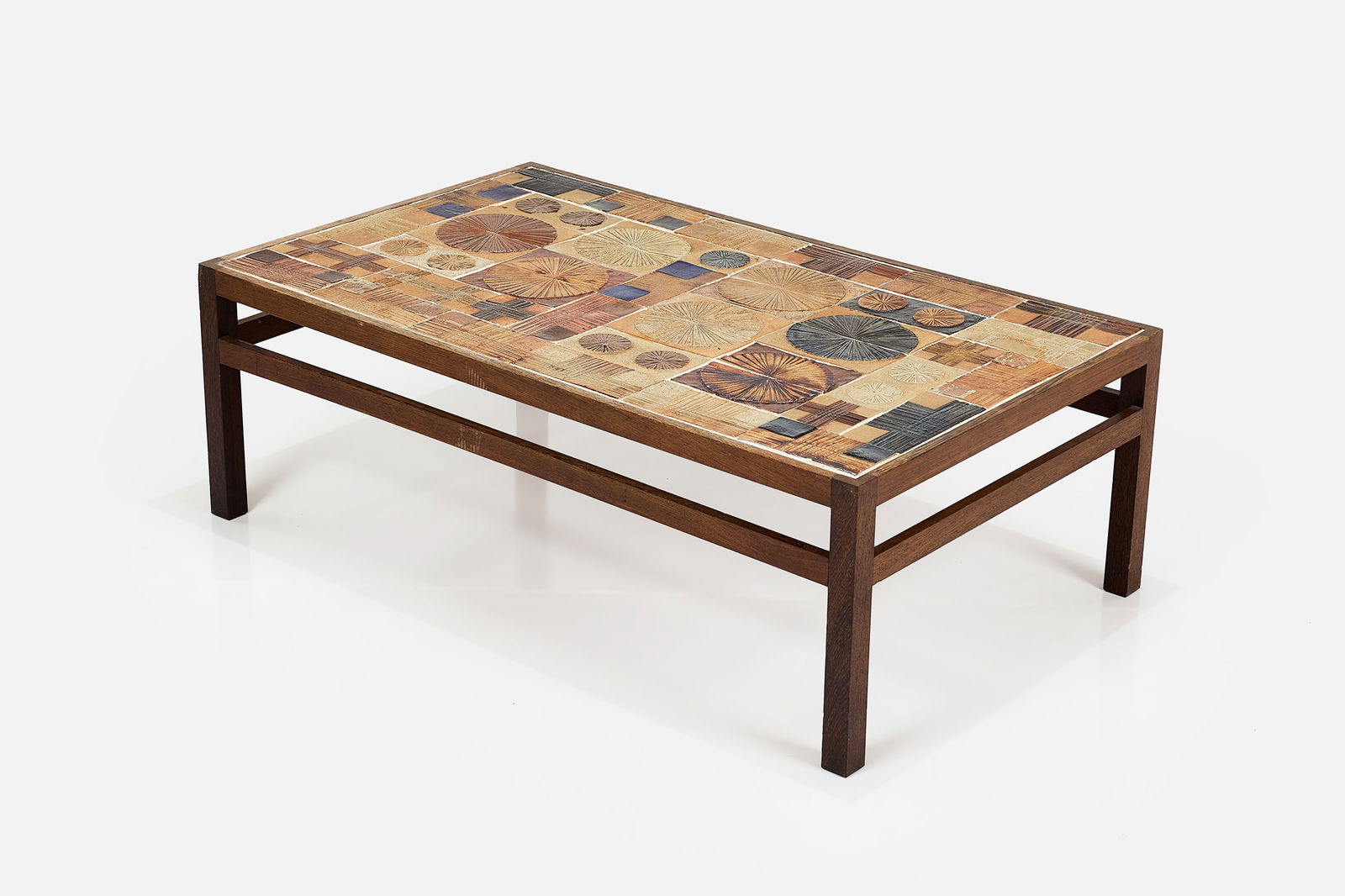 Tue Poulsen + Erik Wortz, Tile-Top Coffee Table: TUE POULSEN + ERIK WORTZ Tile-top coffee table, 1960s Glazed ceramic tiles, rosewood. Produced by Willy Beck, Denmark. 17.75" H x 53" W x 31.5" D