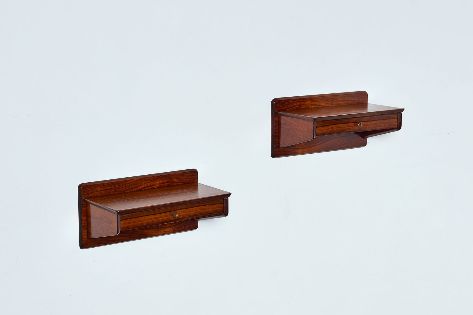 Danish, Floating Nightstands (2): DANISH Pair of floating nightstands, 1960s Rosewood, beech. Each: 8" H x 16.5" W x 8" D