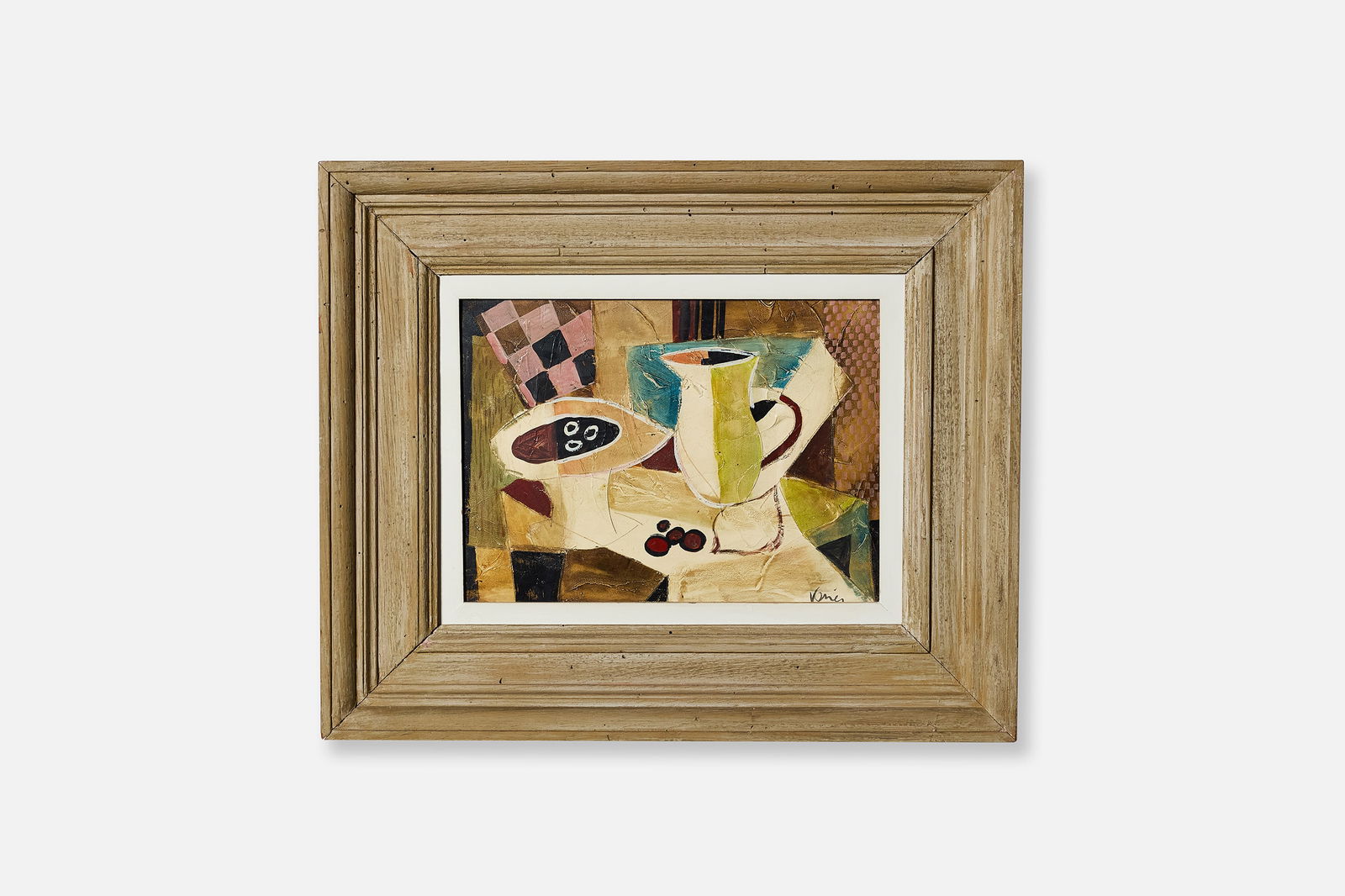 Charles Levier, Untitled (Still Life) Painting: CHARLES LEVIER (AKA MARICE VERRIER) Untitled (still life), 1950s Oil on board. Signed at lower right and Martin Lowitz gallery label verso. Overall, framed: 20" H x 24" W Sight size of