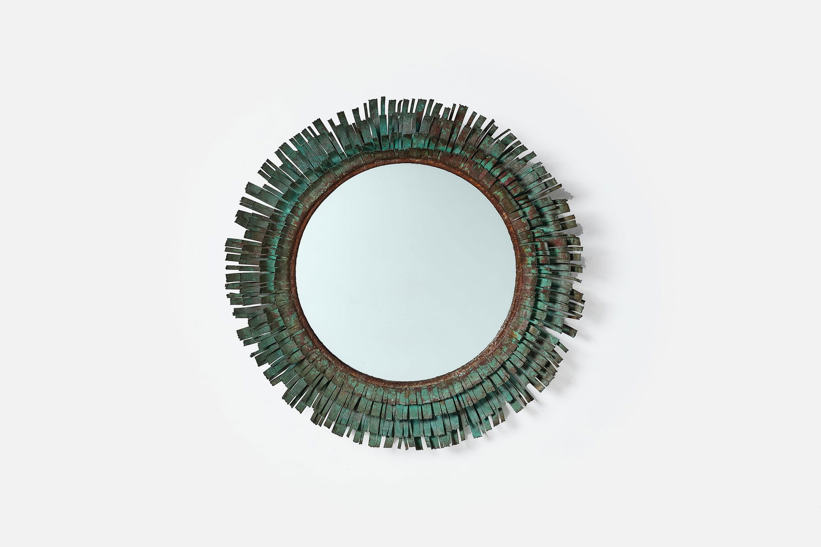 Curtis Jere, 'Eyelash' Wall Mirror: CURTIS JERERound wall mirror, 1970sCopper, mirrored glass. Produced in the USA. 32" Diameter x 4" D