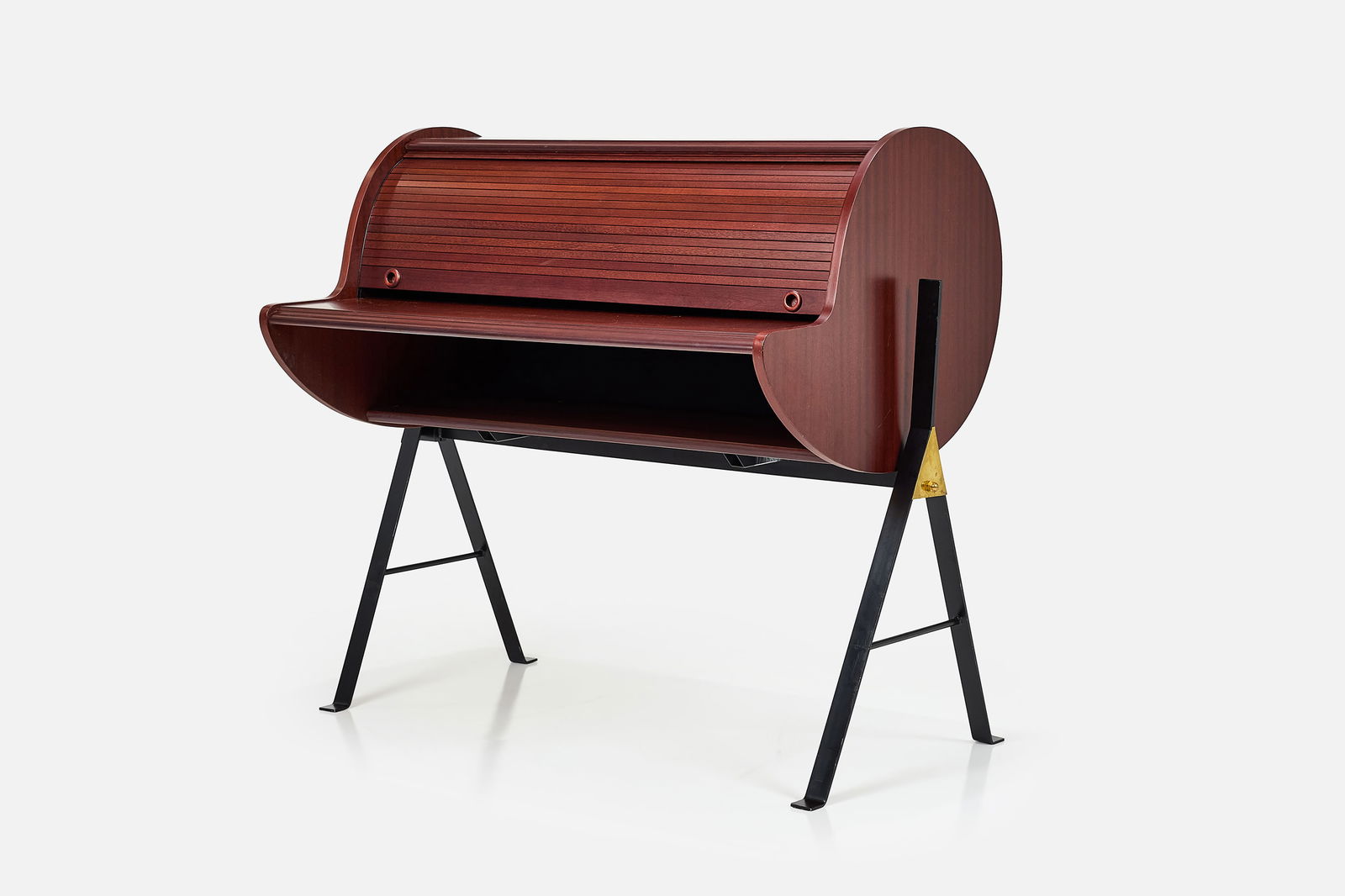 Vladimir Kagan Style, Rolltop Desk: VLADIMIR KAGAN STYLE Rolltop desk, 1960s Mahogany, brass, steel. 43.5" H x 46.5" W x 31" D