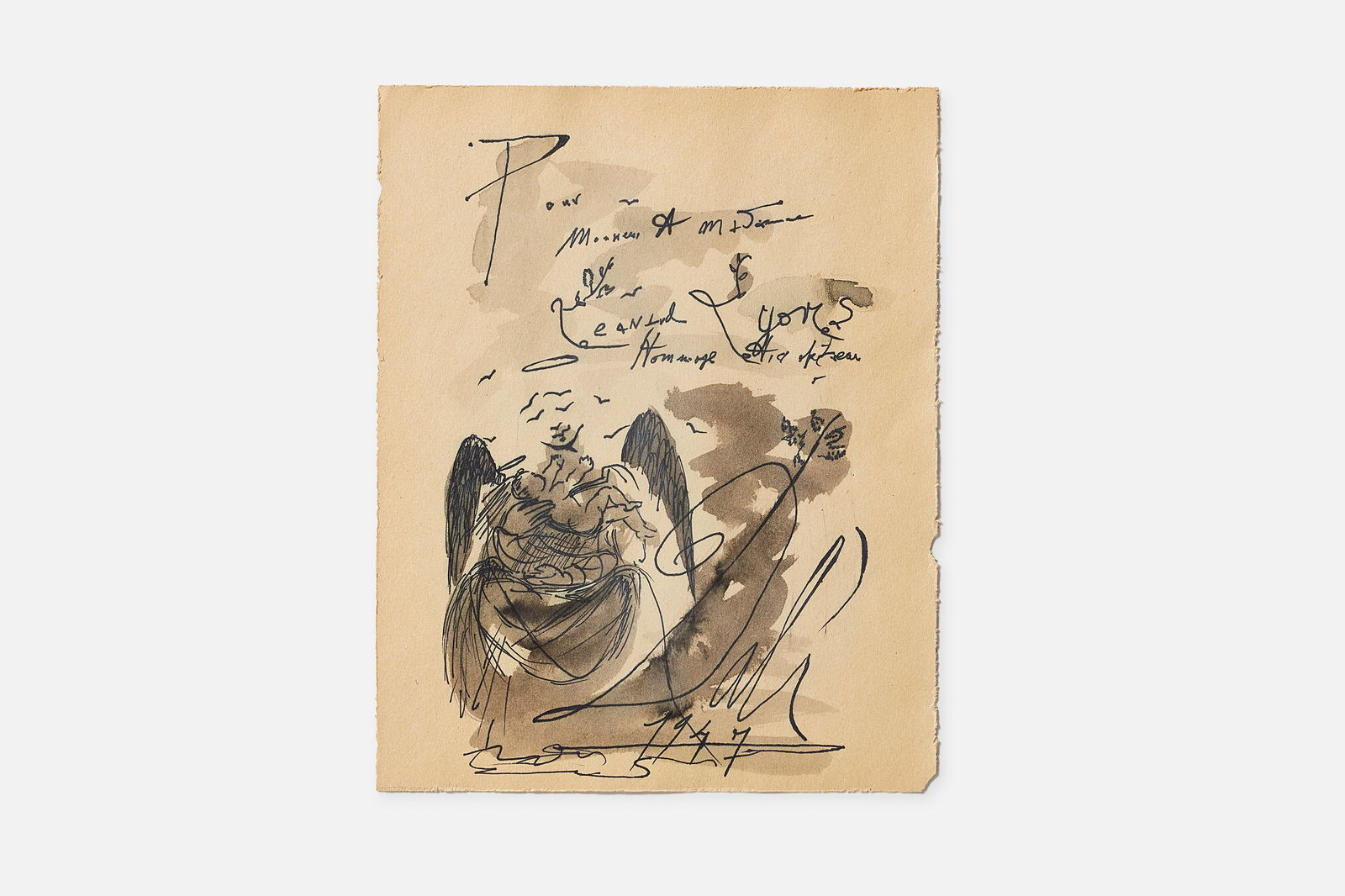 Salvador Dali, Untitled (Angel with Child) Drawing: SALVADOR DALI (Spanish, 1904-1989) Untitled (Angel with Child), 1947 Ink and ink wash on wove paper. Signed and dated lower right. Illegible dedication on top portion, in French. This piece has