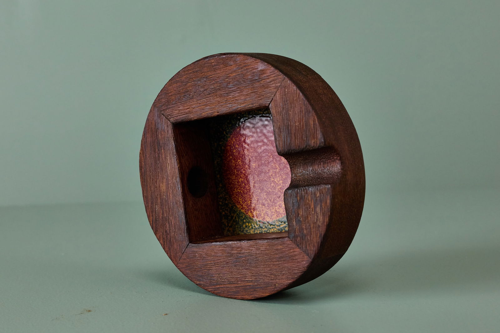 Modern, Cigar Ashtray: MODERN Cigar ashtray, mid-20th century Exotic wood, enamel. 2.5" H x 7.75" Diameter