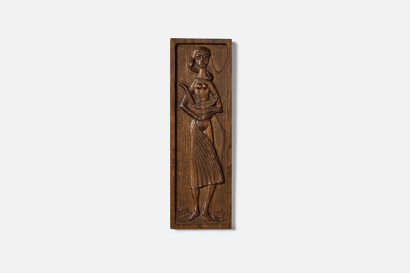 Evelyn + Jerome Ackerman, Rare 'Girl with Bird' Panel: EVELYN + JEROME ACKERMAN Rare 'Girl With Bird' panel, 1950s Walnut. Produced by ERA Industries, USA. Signed " ERA INDUSTRIES INC." on the back. 20" H x 6.5" W x