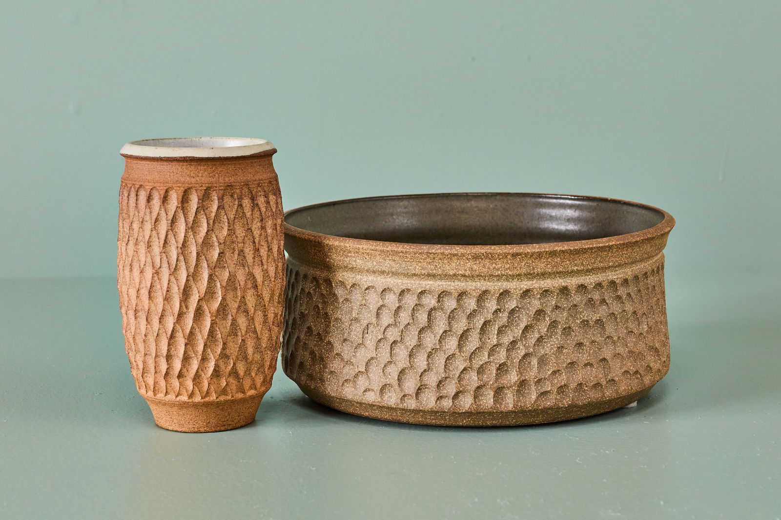 David Cressey + Robert Maxwell, Vase + Planter (2): DAVID CRESSEY + ROBERT MAXWELL Vase and planter, ca. 1973 Partially-glazed earthenware. Produced for Earthgender, USA. Underside of planter incised "ROBERT MAXWELL". Vase: 7.5" H