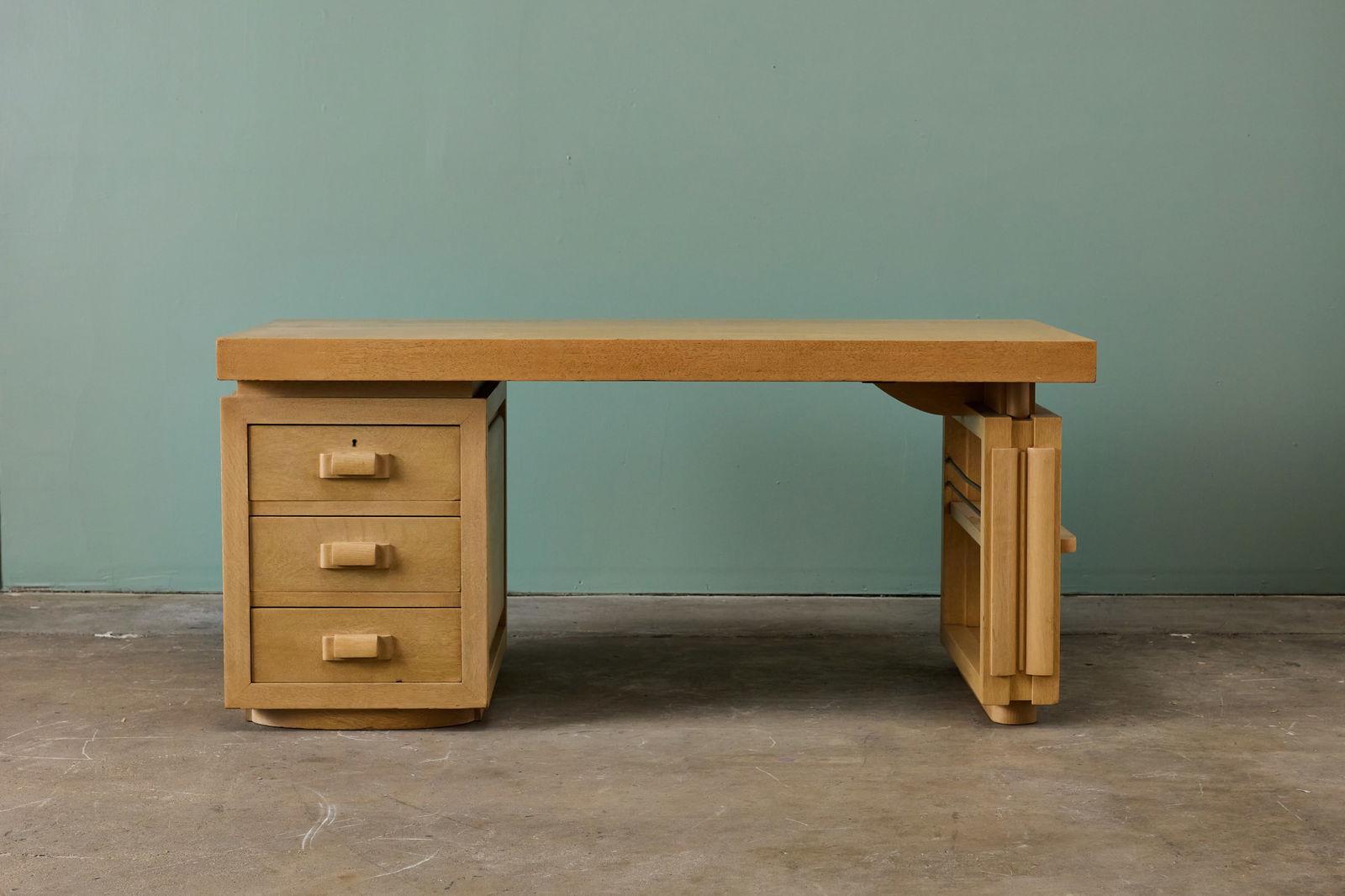 Charles Dudouyt, Desk: CHARLES DUDOUYT Desk, 1940s Bleached oak. Produced by Atelier Charles Dudouyt, France. 29.5" H x 65" W x 29.5" D