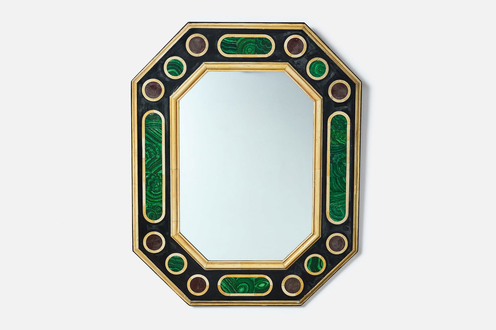 Jean Roger, Faux Malachite Mirror: JEAN ROGER Faux malachite wall mirror, 1970s Painted wood, mirrored glass. Produced in France. 49" H x 39.5" W x 1.75" D