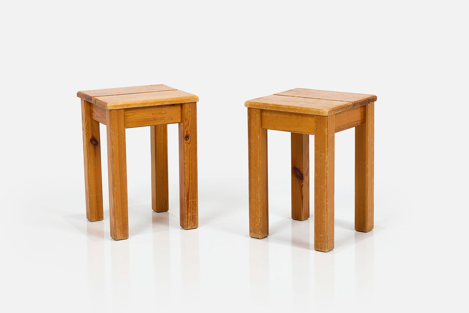 Charlotte Perriand, Side Tables (2): CHARLOTTE PERRIAND Pair of side tables, 1960s Pine. Produced in France. Each: 17.25" H x 12" W x 12" D