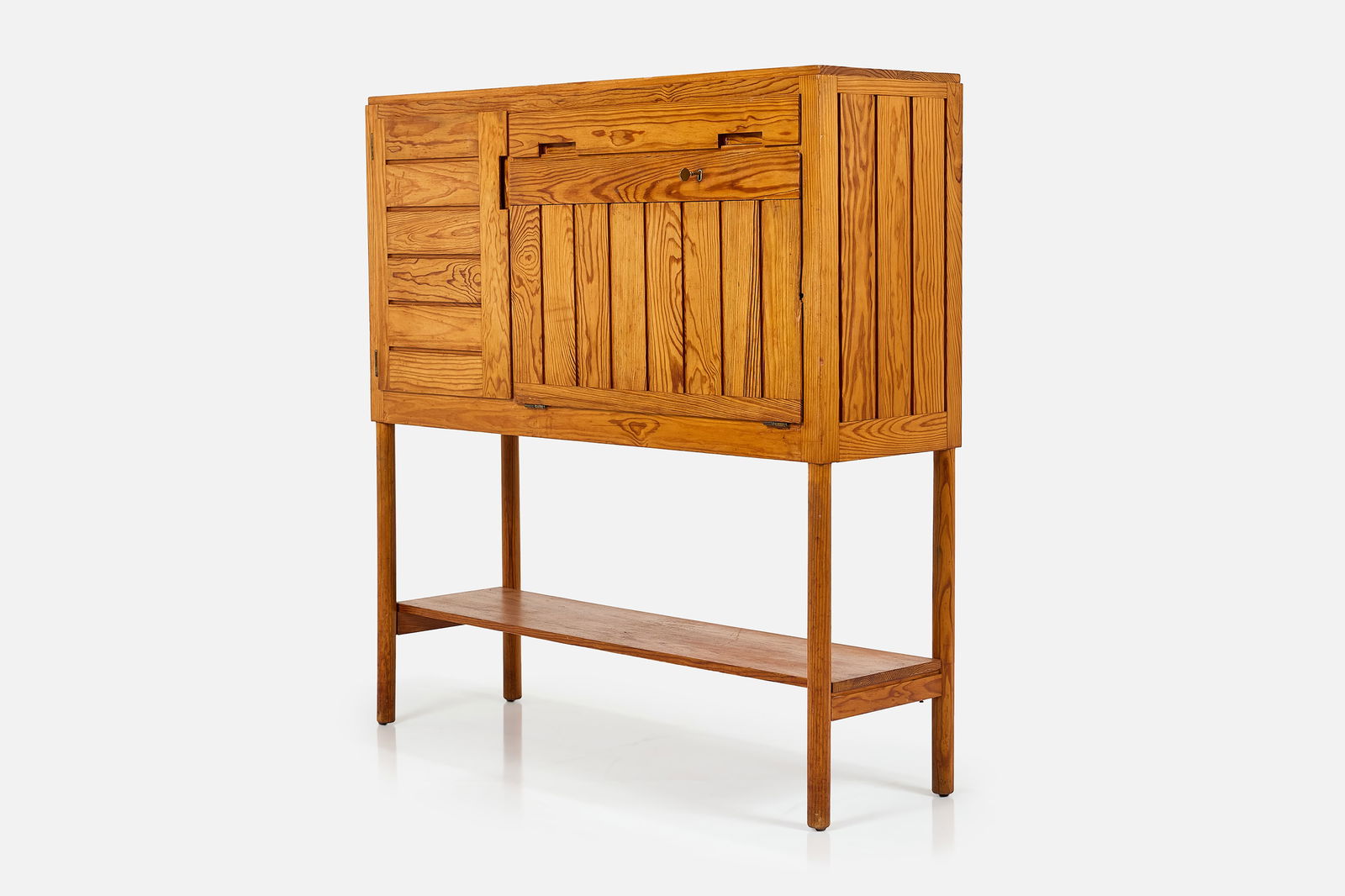 Pierre Gauthier, Raised Cabinet: PIERRE GAUTHIER Raised cabinet, 1960s Pine, brass. Produced in France. 52" H x 49.75" W x 15.5" D